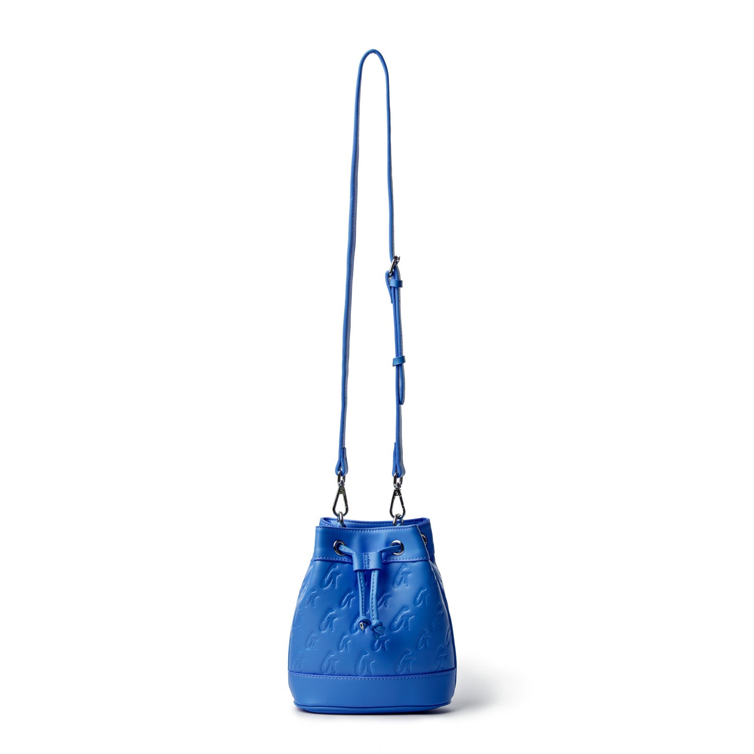 Blue mini monogram bucket bag with embossed logo pattern and adjustable strap, stylish and compact for everyday use.