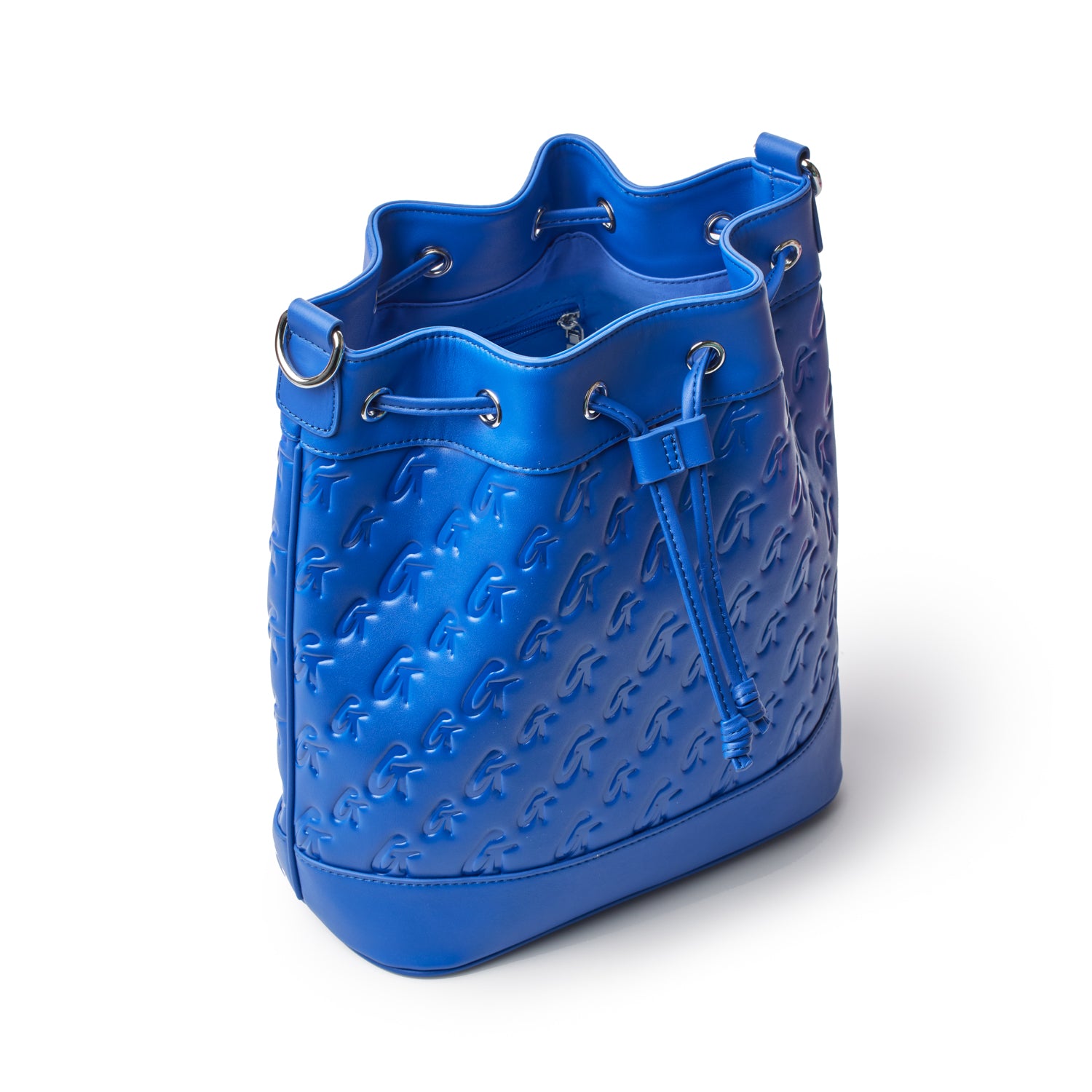 Large blue monogram bucket bag featuring embossed logo design and adjustable drawstring closure. Ideal for stylish storage.