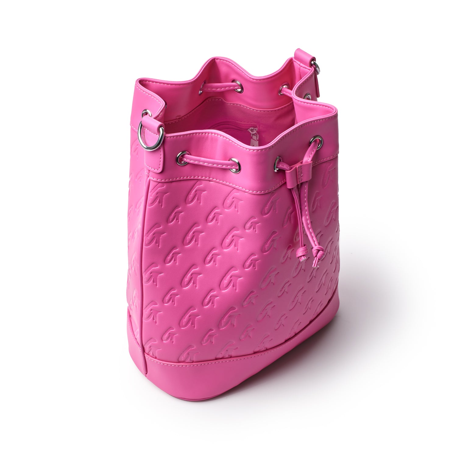 Large hot pink bucket bag with embossed monogram pattern, drawstring closure, and silver-tone hardware.