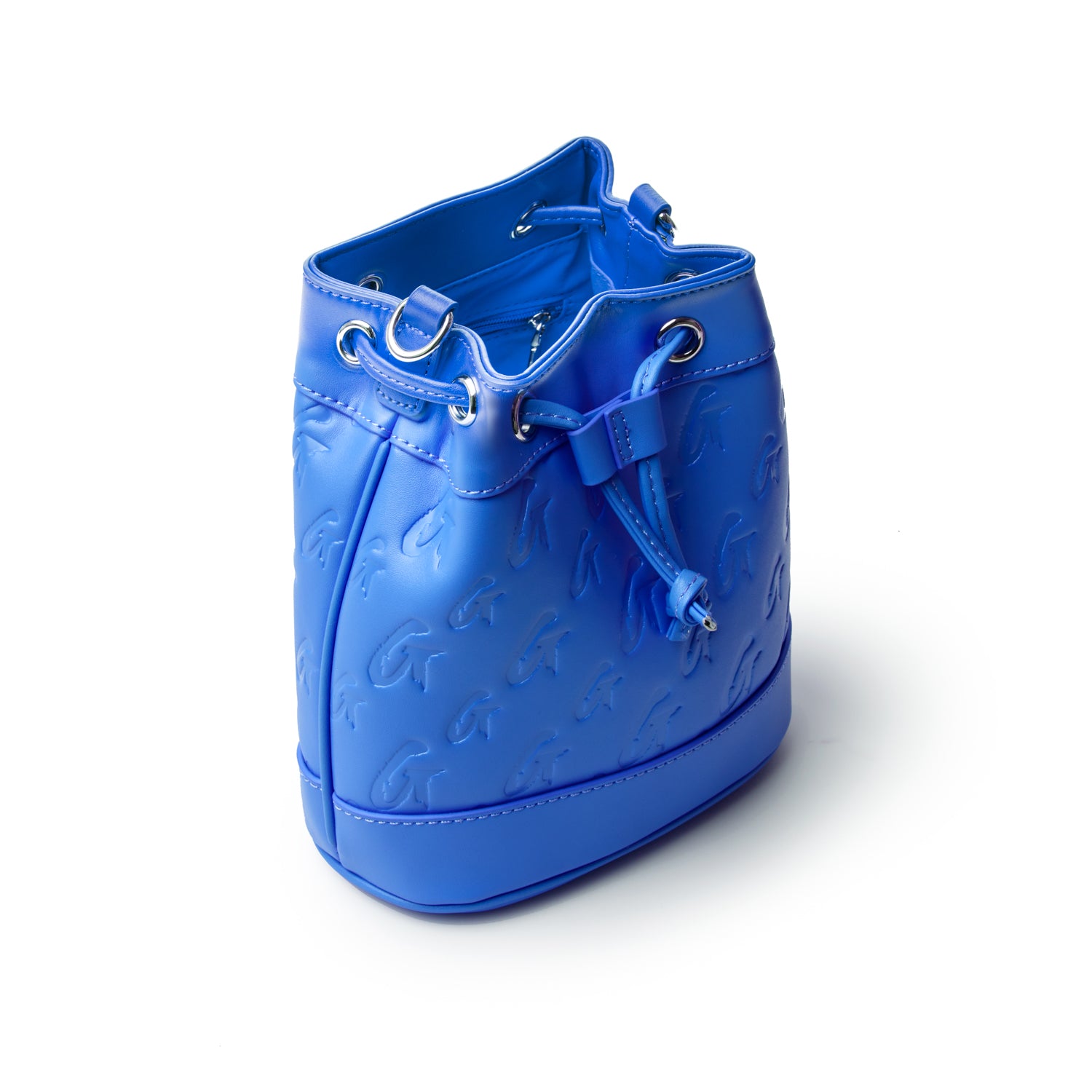 Blue mini monogram bucket bag with embossed logo pattern, drawstring closure, and silver-tone hardware.