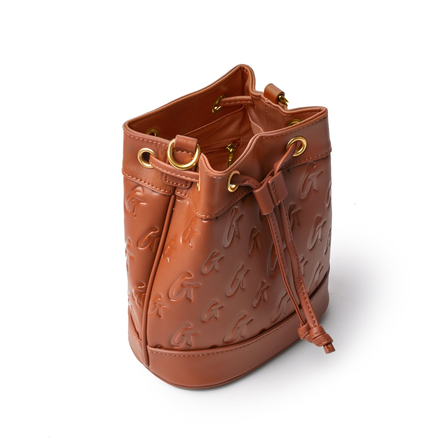 Brown Monogram Bucket Bag Bundle with embossed logo pattern, gold-tone hardware, drawstring closure, and interior pocket.