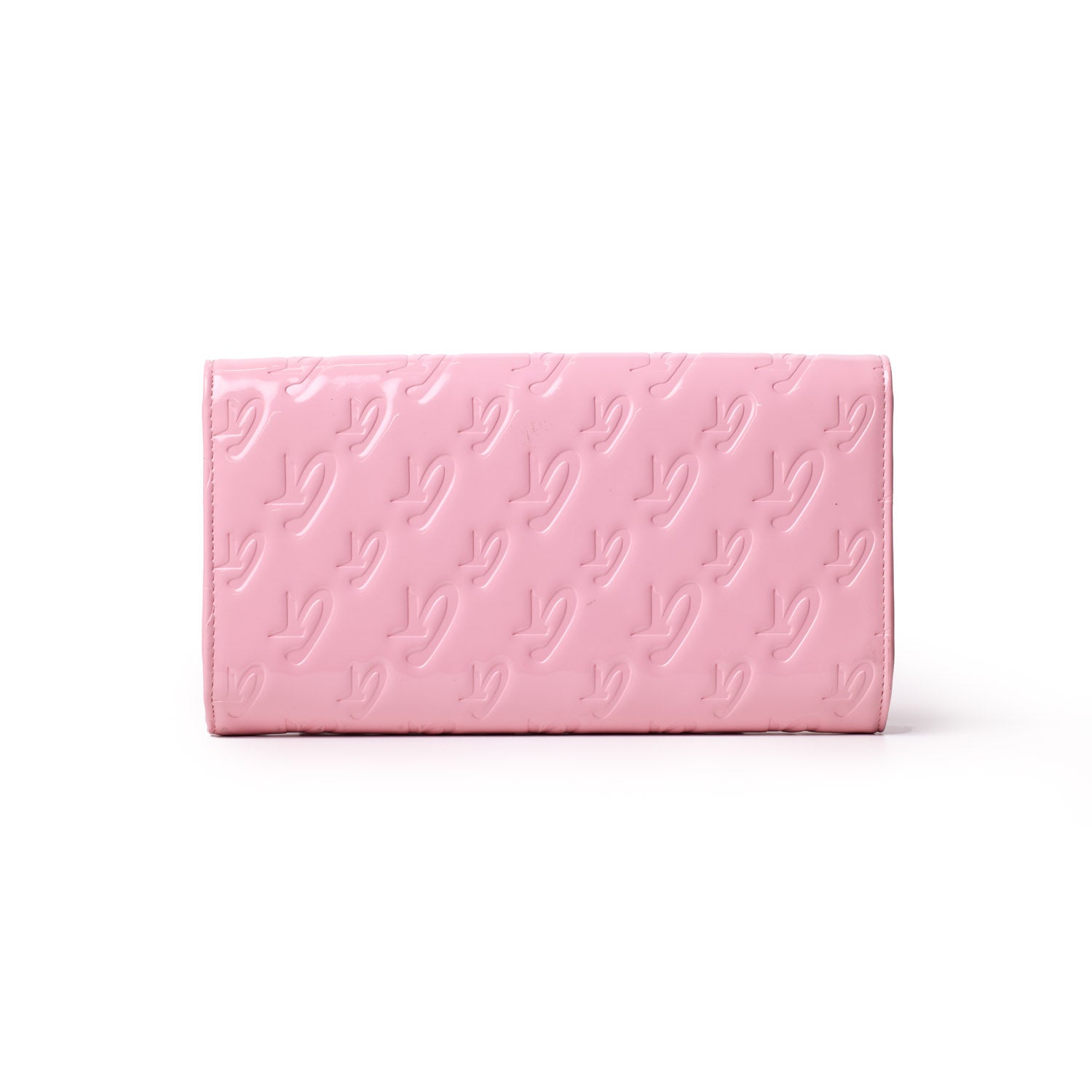Pink travel wallet with embossed monogram pattern, featuring a sleek, mirror finish and rectangular shape.
