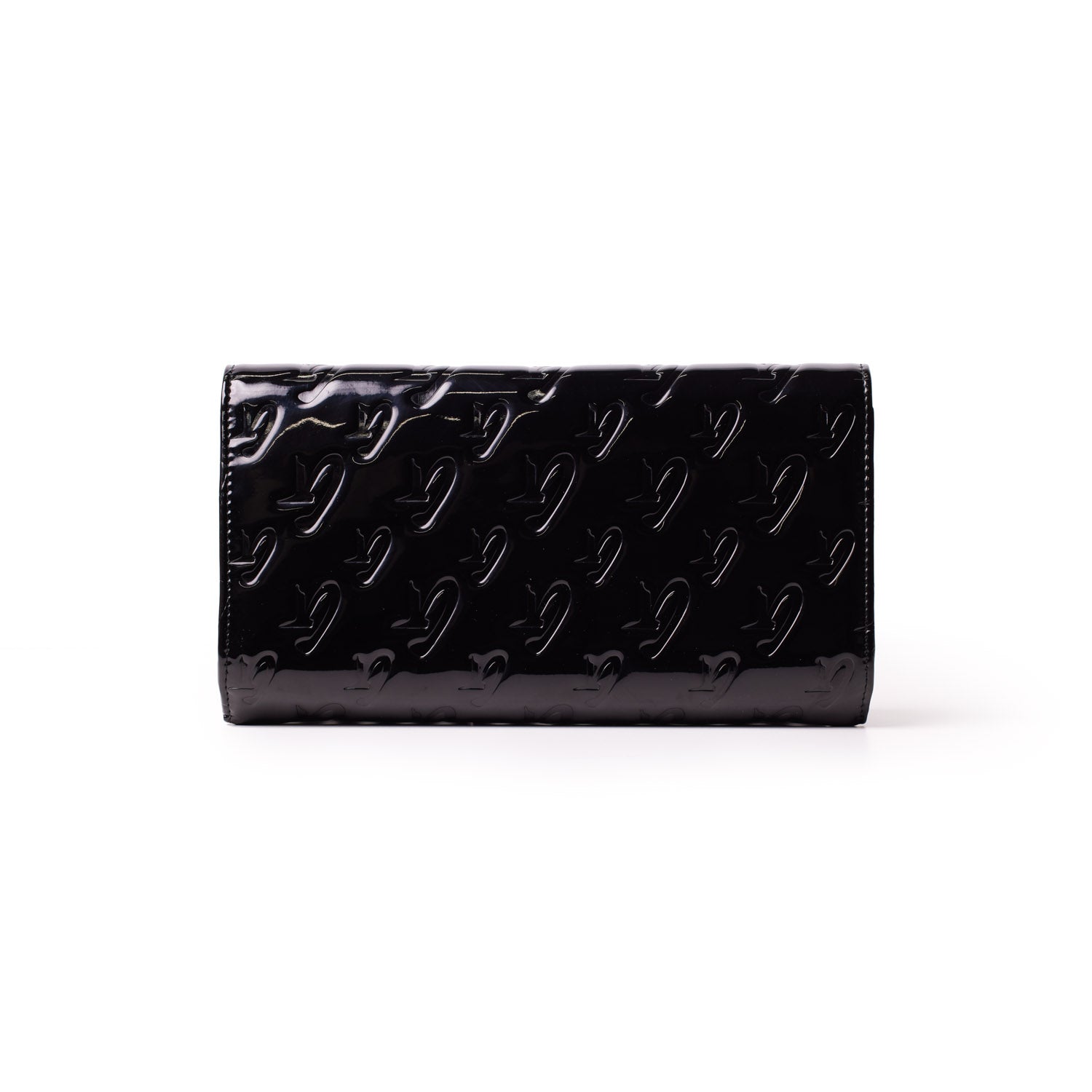 Black Monogram Travel Wallet with a glossy finish and embossed logo pattern, featuring a sleek, reflective mirror surface.