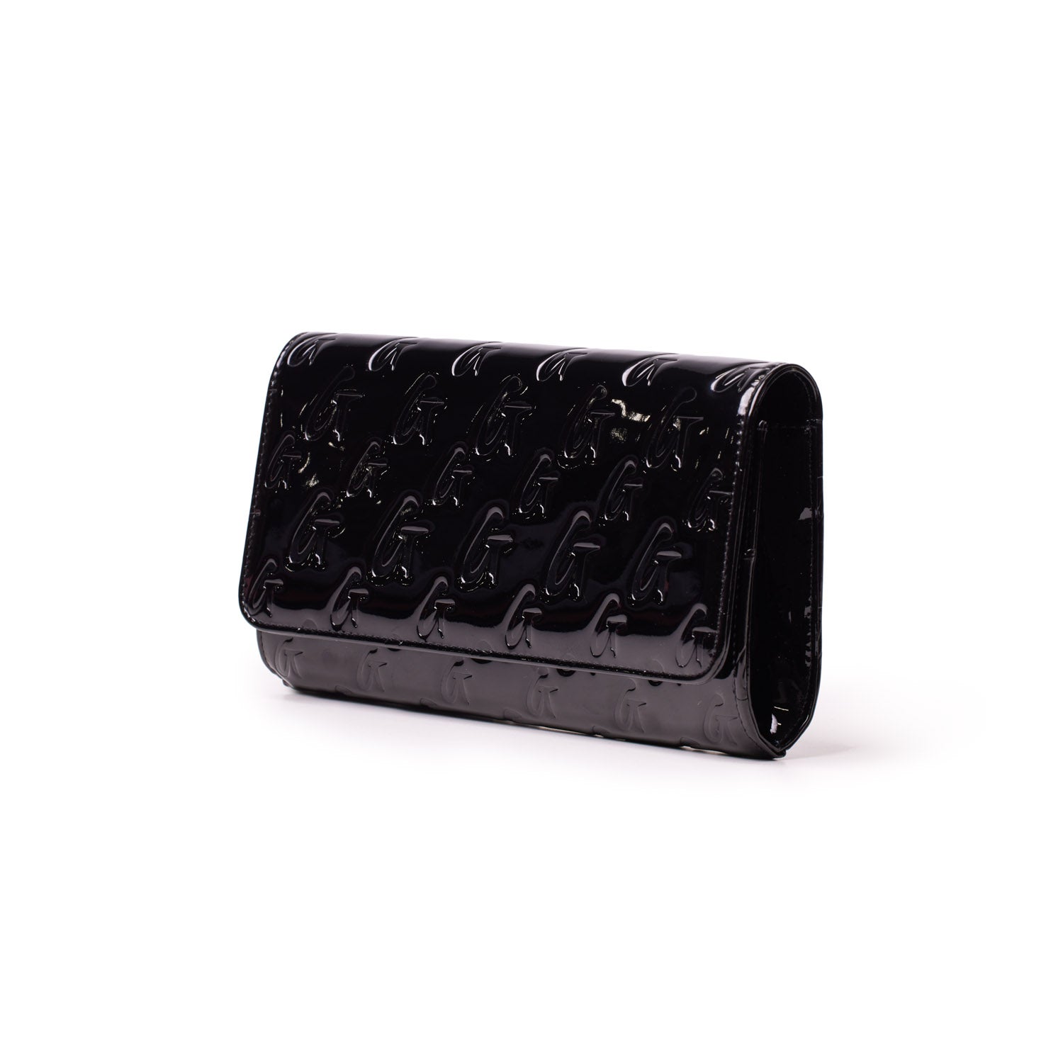 Mirror black Monogram travel wallet with embossed logo pattern, sleek glossy finish, and compact design.