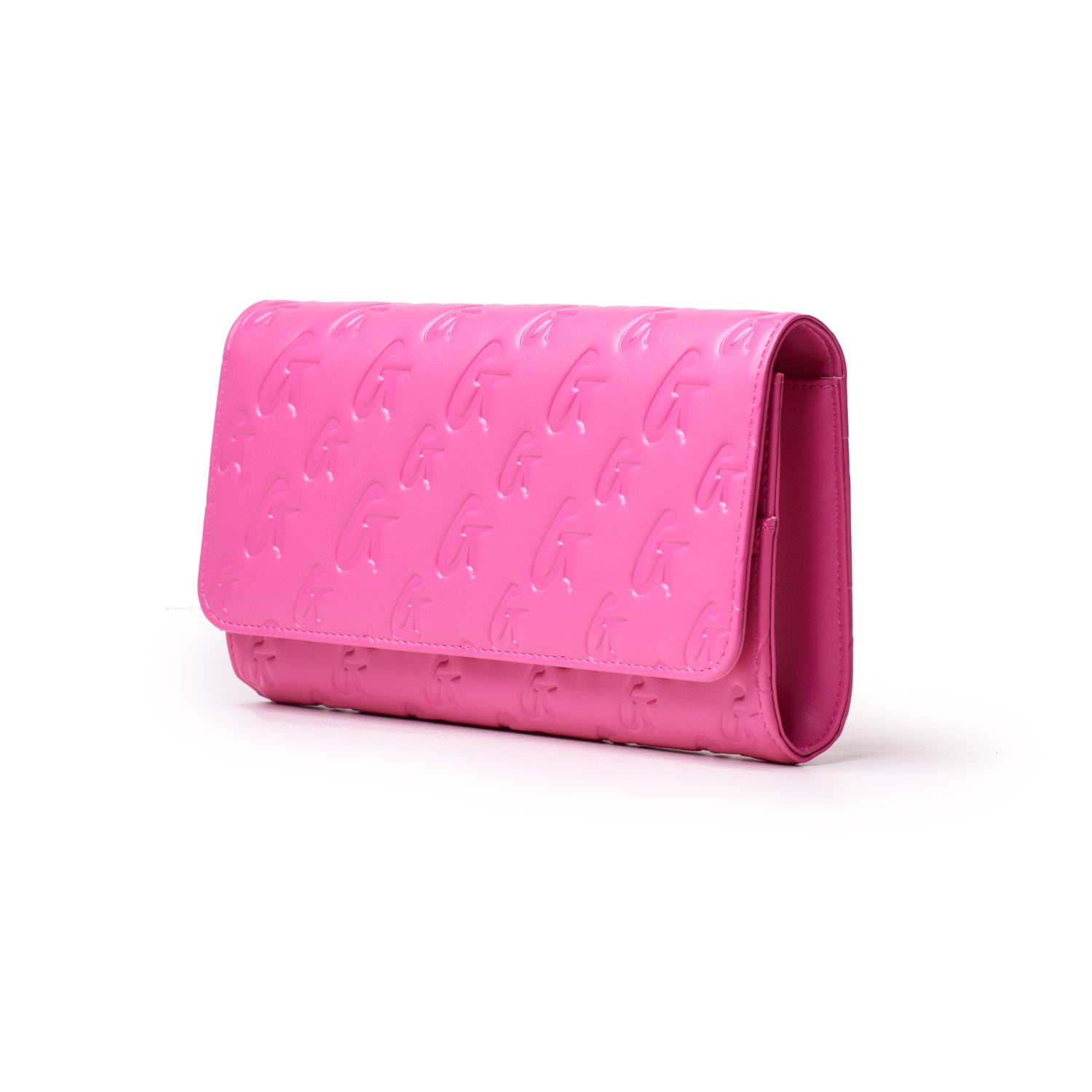 Pink Monogram Travel Wallet with embossed logo pattern, sleek design, and fold-over flap.