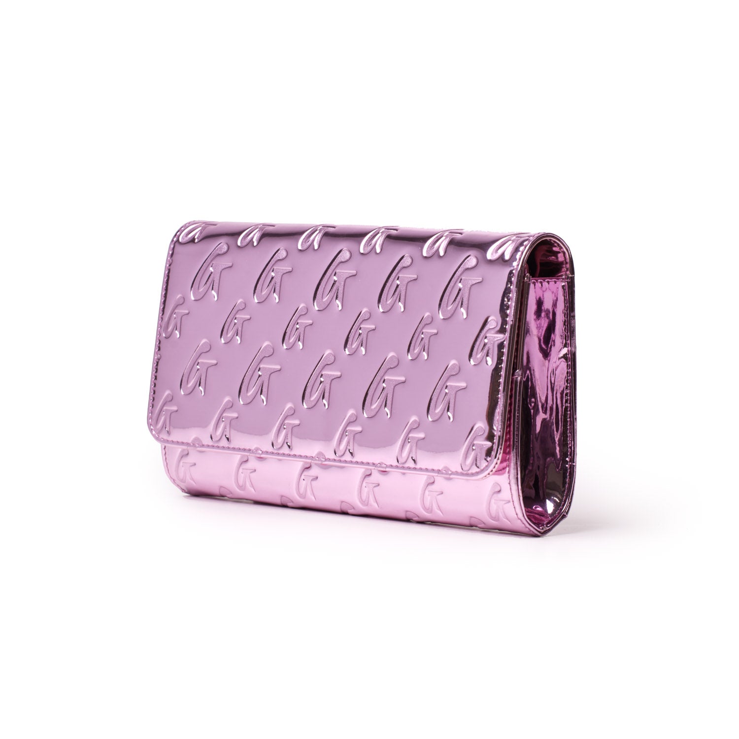 Metallic pink travel wallet with embossed monogram pattern, shiny finish, and compact design.