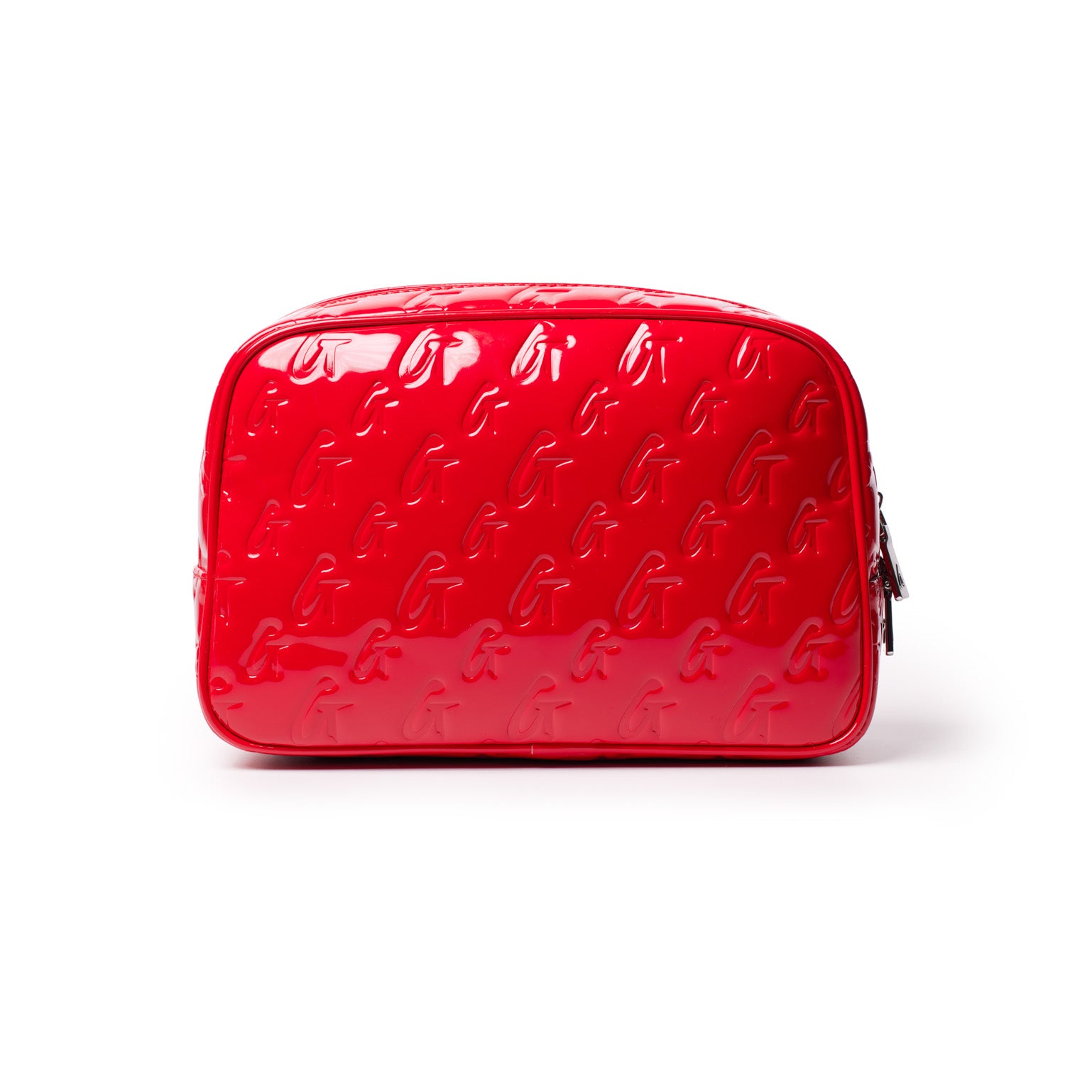Red toiletry bag with embossed monogram pattern, small size, featuring a mirror, ideal for travel accessories.
