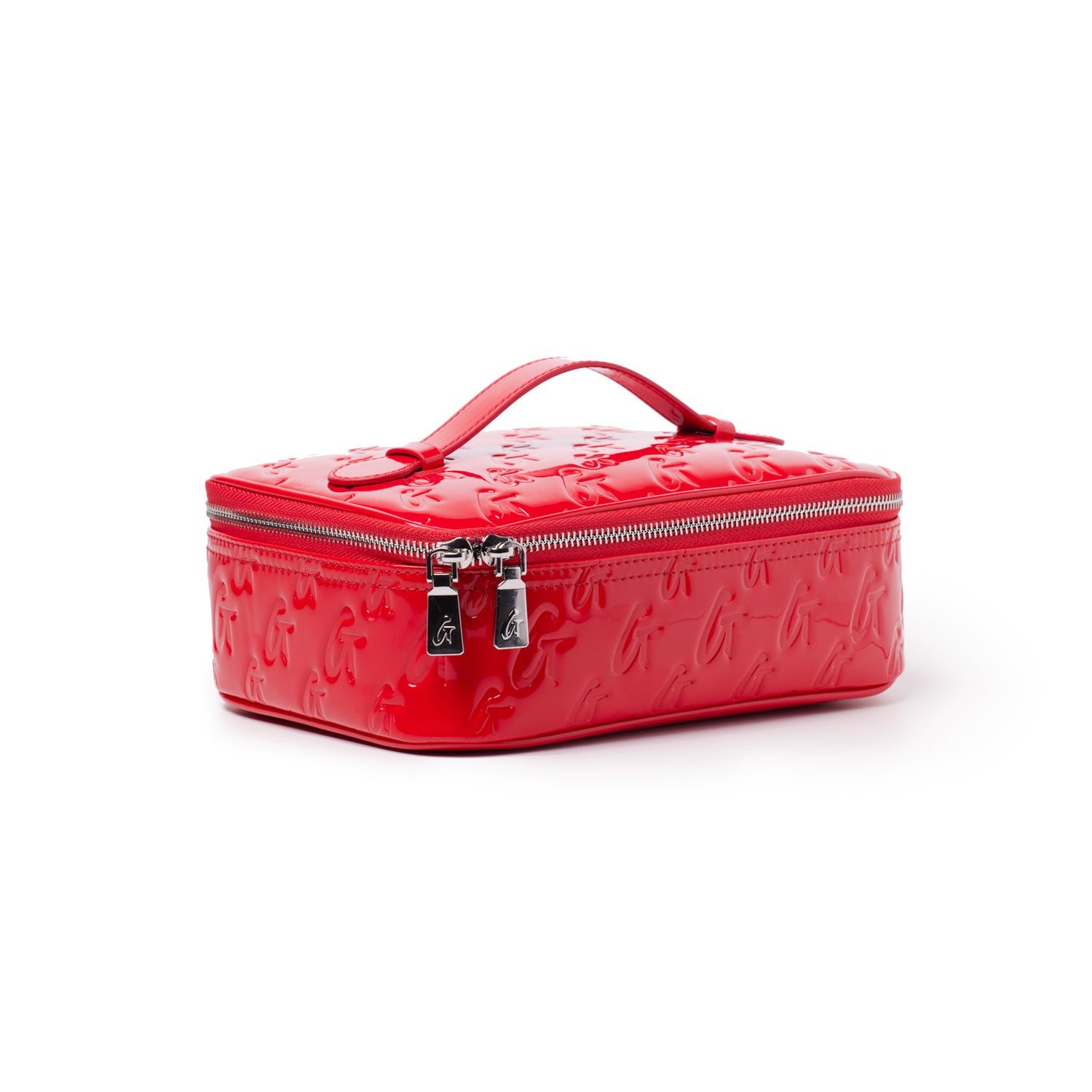 Red glossy medium monogram toiletry bag with embossed logo pattern, silver zipper, and top handle.