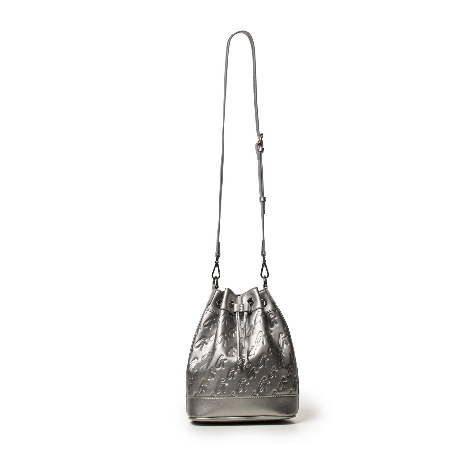 Medium platinum monogram bucket bag with a drawstring closure and adjustable shoulder strap, featuring a shiny, embossed logo pattern.