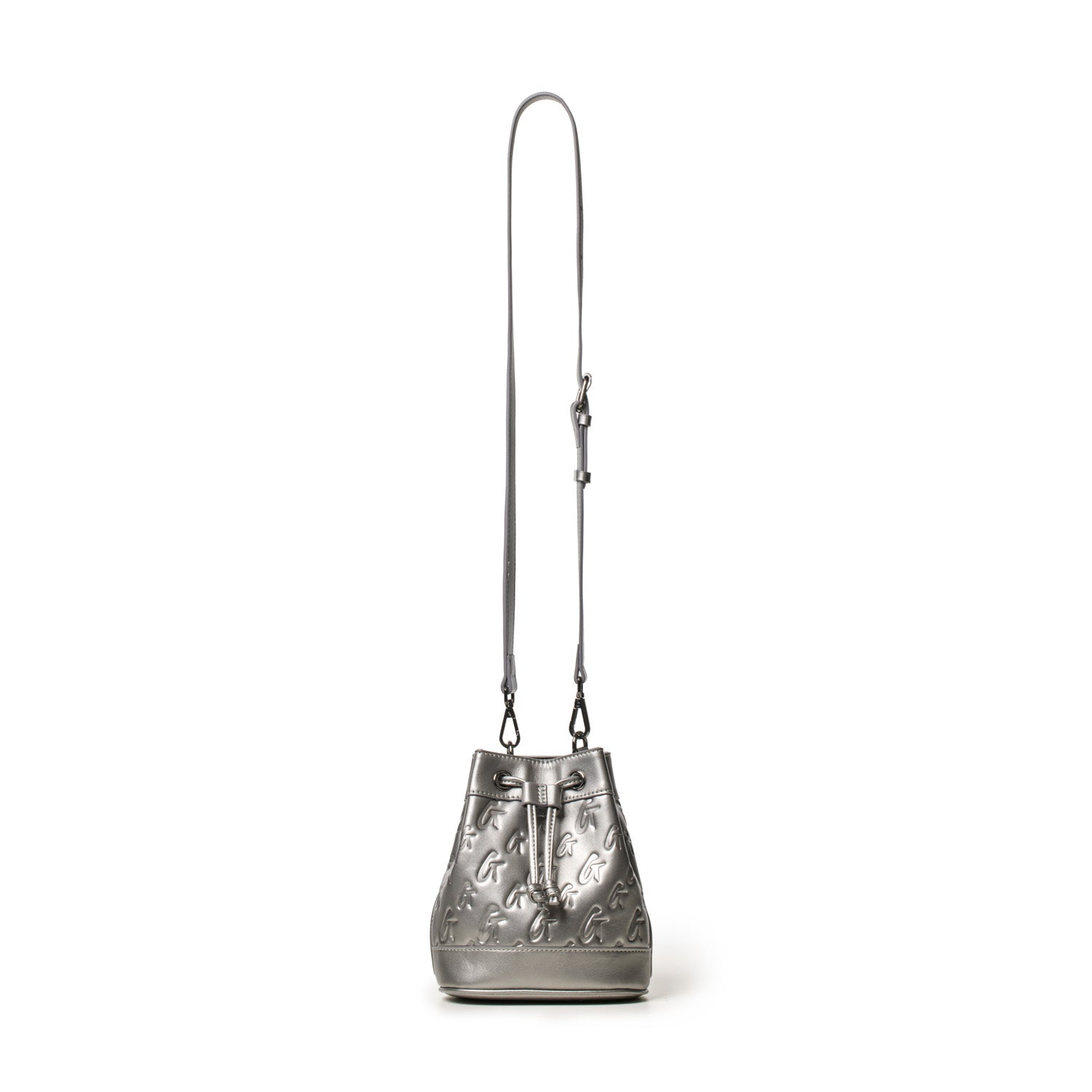 Mini Monogram Bucket Bag in platinum with embossed logo pattern, drawstring closure, and adjustable shoulder strap.