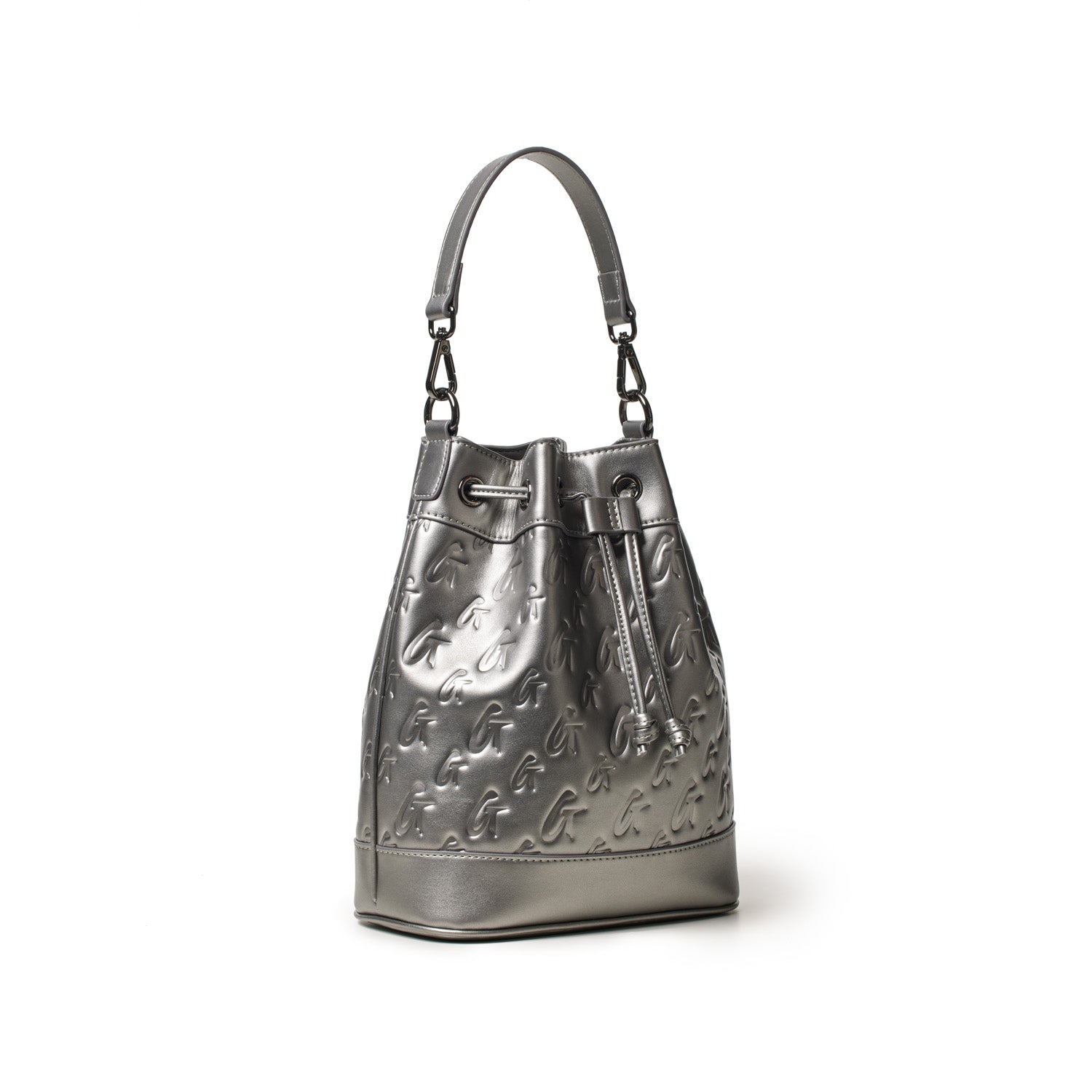 Medium platinum monogram bucket bag with embossed logo pattern, adjustable drawstring closure, and top handle.