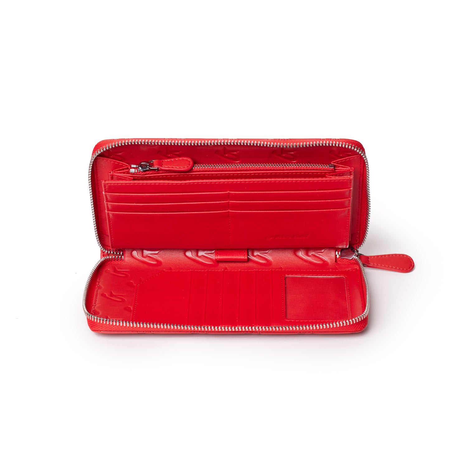 Open red wallet with multiple card slots, zippered coin pocket, and signature logo interior, featuring a silver zipper.