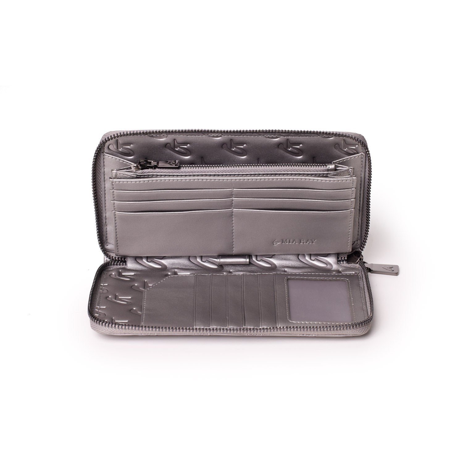 Open platinum-colored wallet with multiple card slots, zippered coin pocket, and interior branding, designed by Mia Ray.