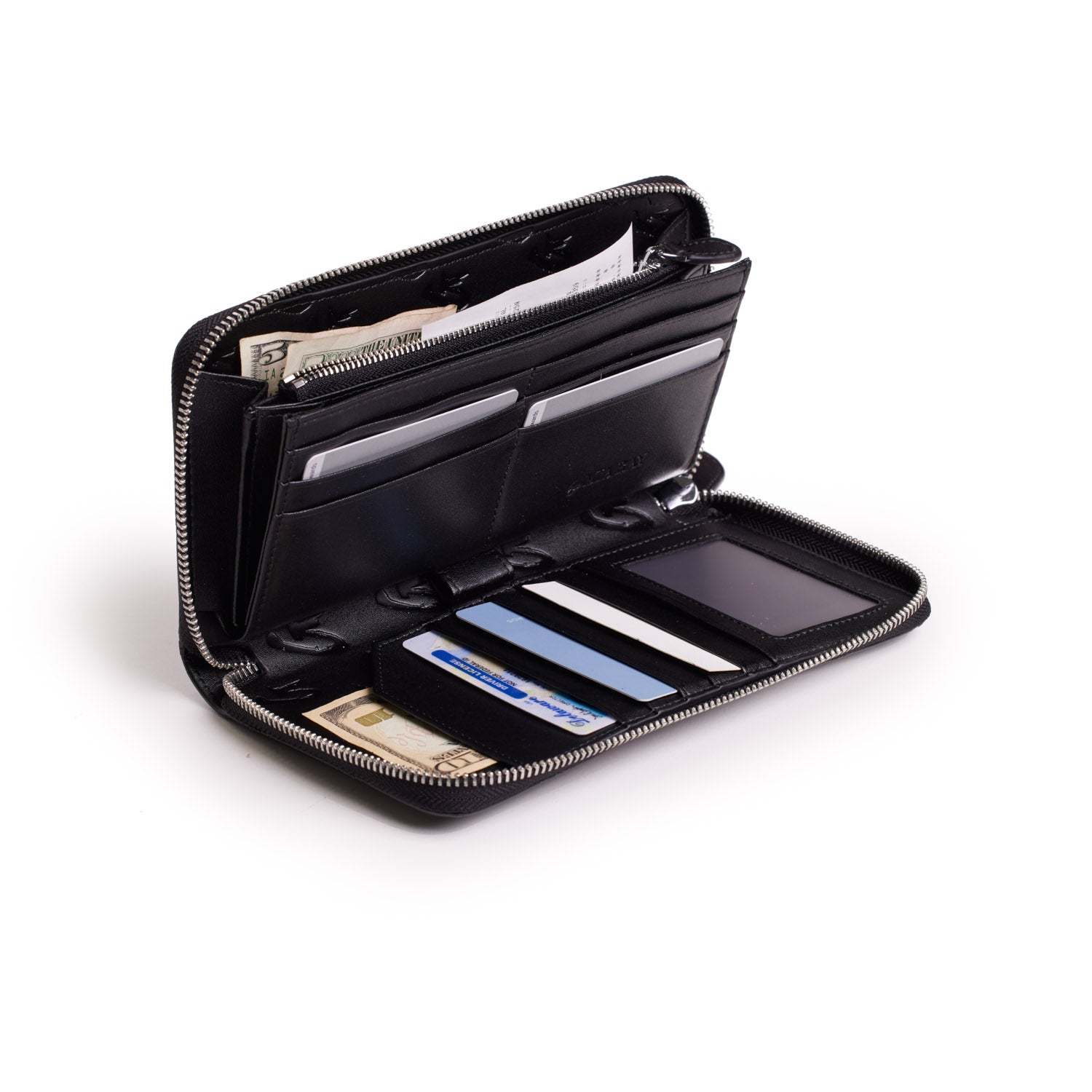 Black matte jumbo monogram wallet with multiple card slots, cash compartments, and a zippered coin pocket, open to show organization.