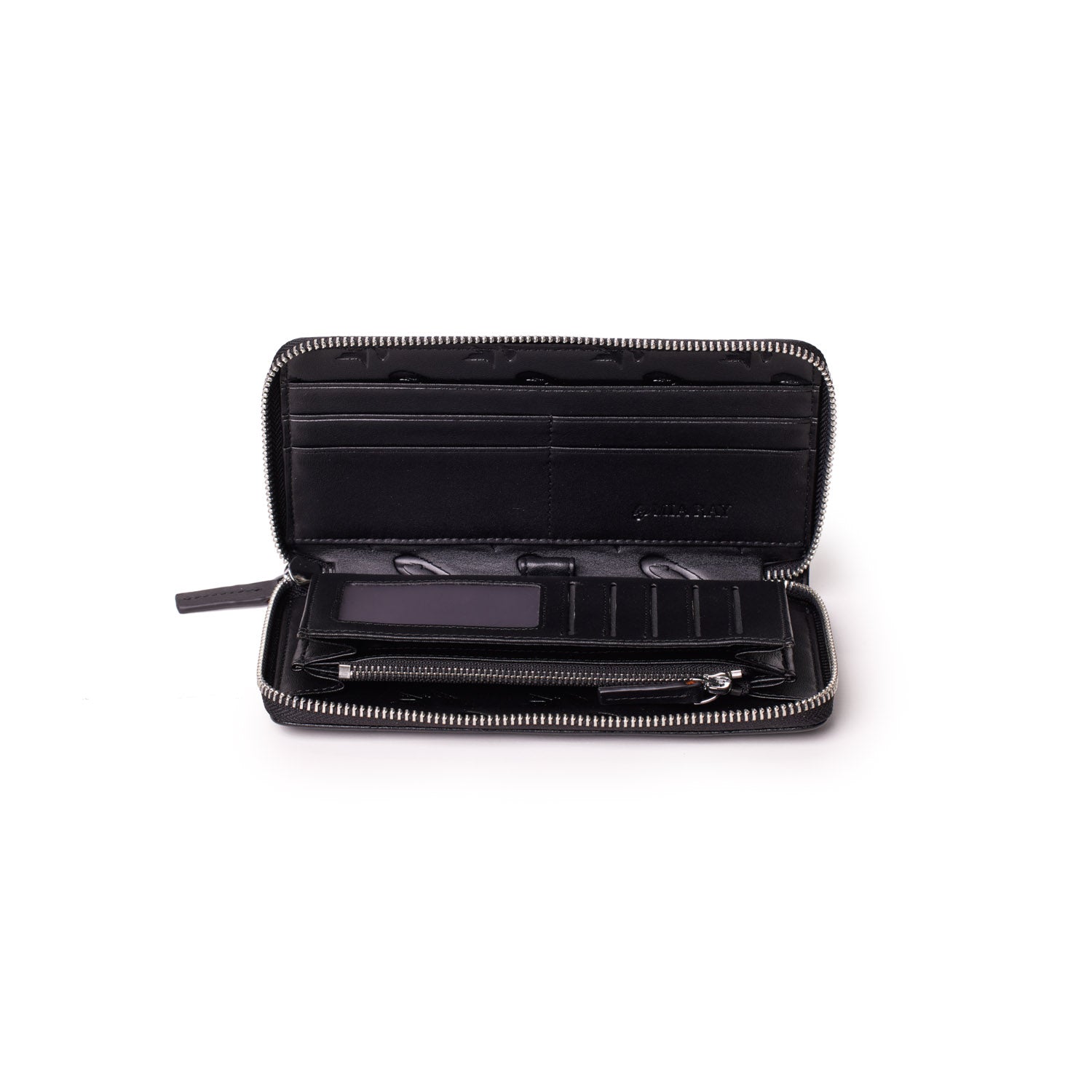 Open black wallet with multiple card slots, zippered coin pocket, and interior compartments, labeled "Signature Logo Wallet.