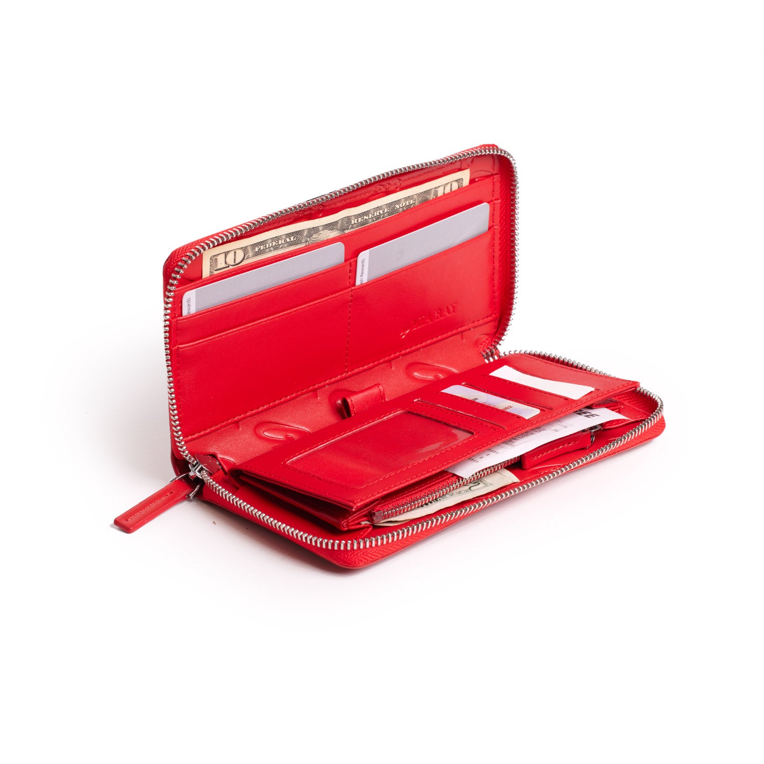 Red leather wallet with multiple card slots, a zip-around closure, and cash compartments, shown open with cash and cards inside.