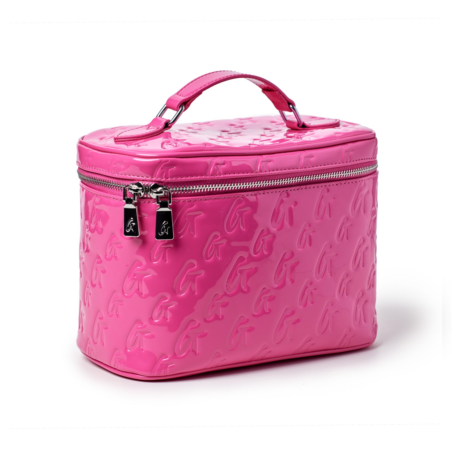 Large hot pink monogram toiletry bag with embossed G pattern, silver zipper, and handle, featuring a mirror for travel.