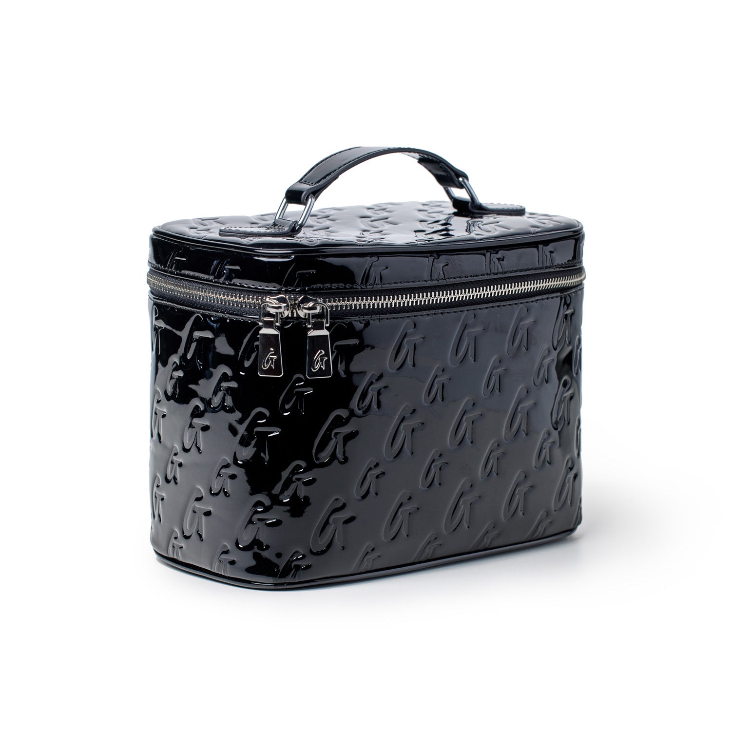 Large black monogram toiletry bag with a glossy finish, embossed with a repeating "G" pattern and a mirror, silver zipper.