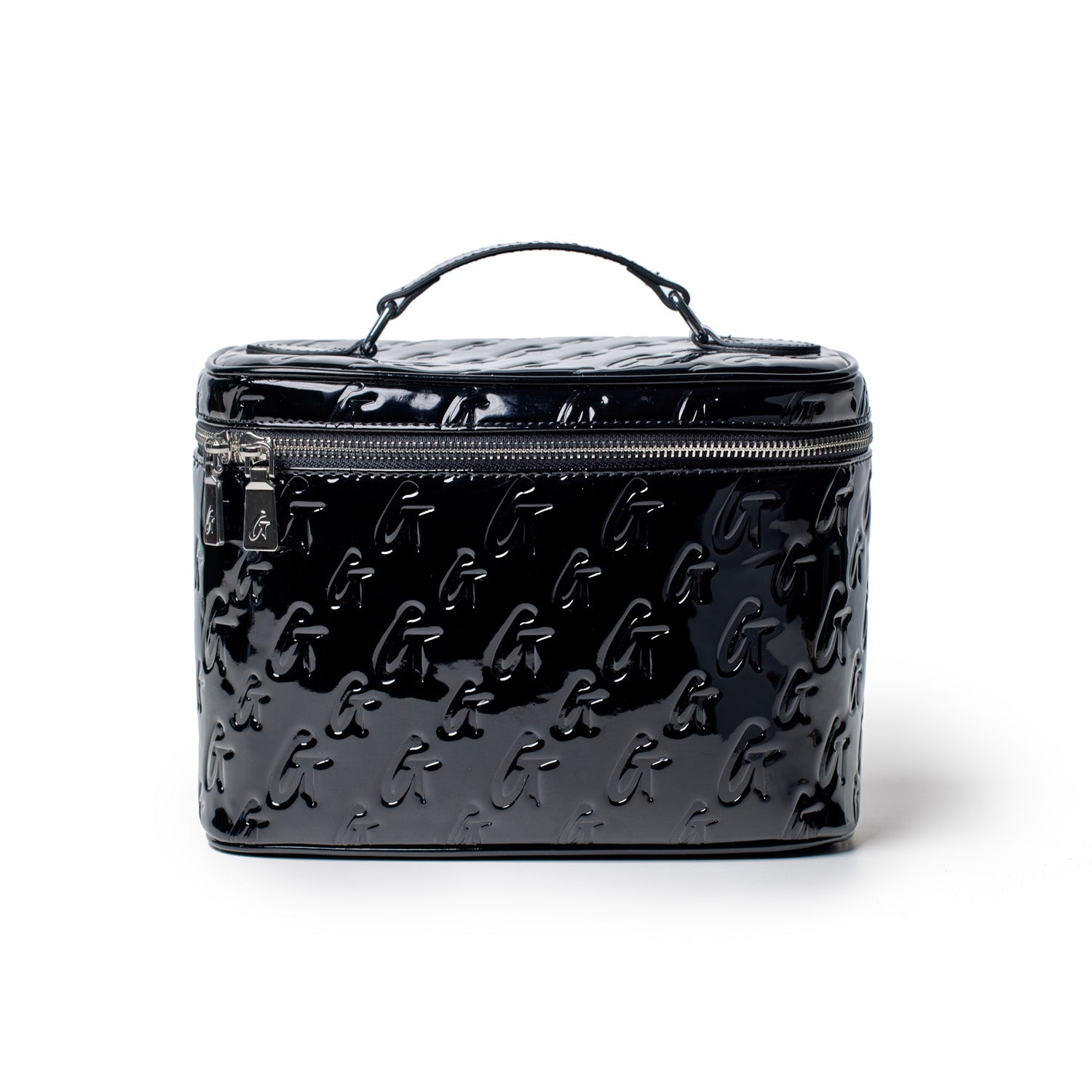 Large black monogram toiletry bag with a glossy finish, embossed with repeating "G" pattern and a top zipper closure.