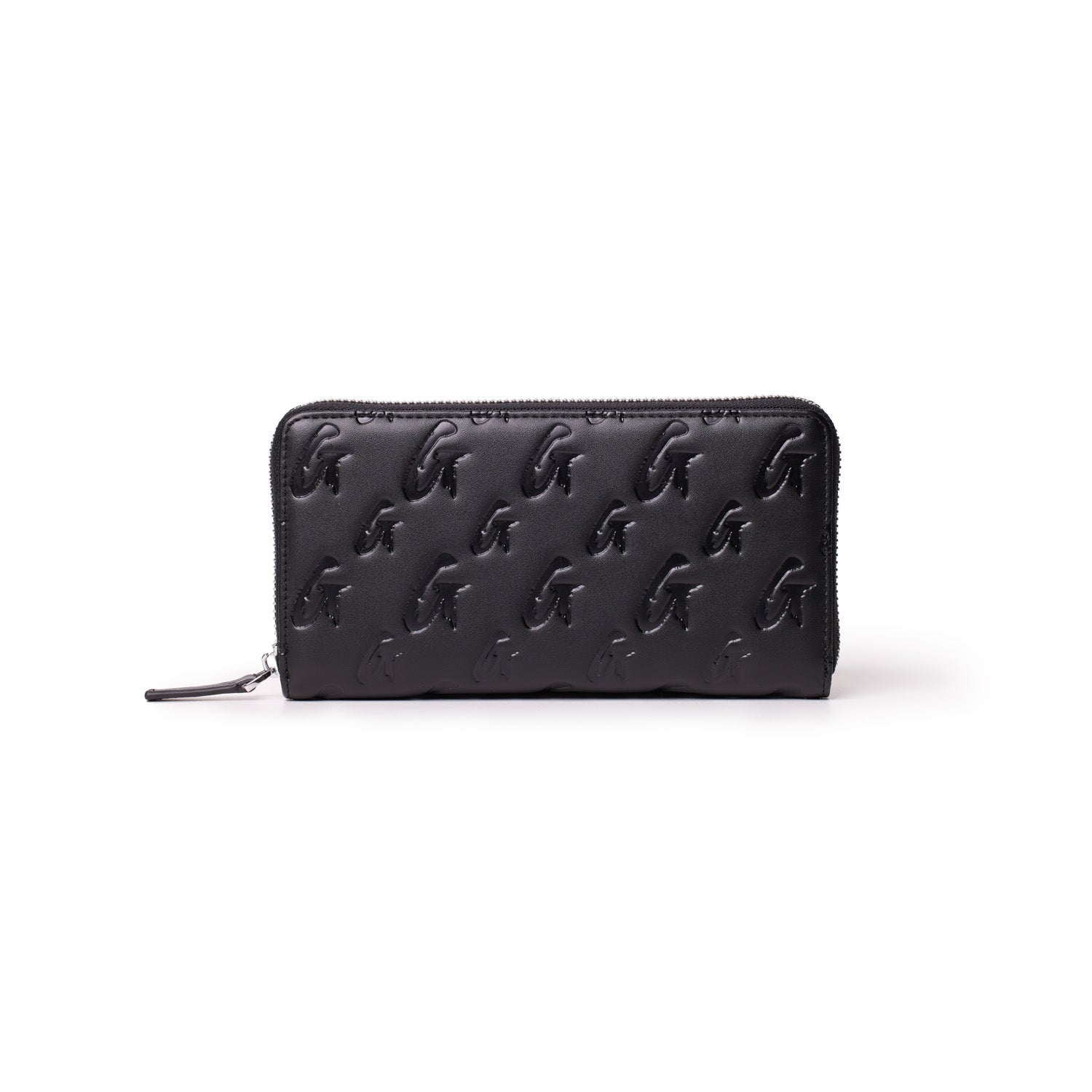 Black matte leather wallet with embossed monogram G pattern and zipper closure, designed for style and functionality.