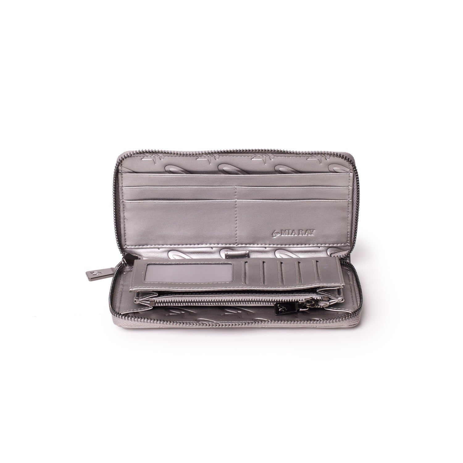 Open platinum-colored wallet with multiple card slots, a zippered coin pocket, and interior branding by Mia Ray.