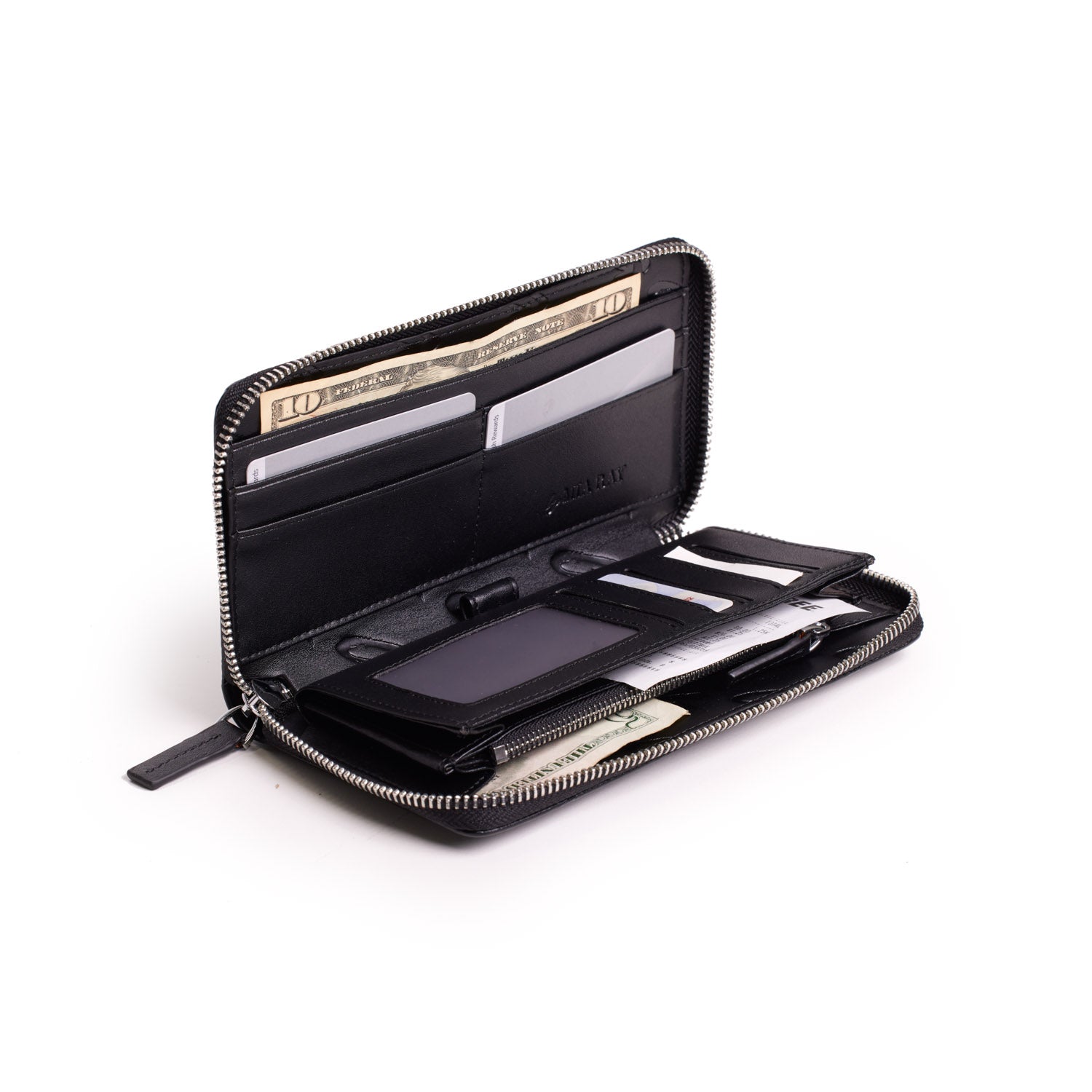 Open black matte leather wallet with multiple card slots, a clear ID window, and cash compartments, partially filled with bills.