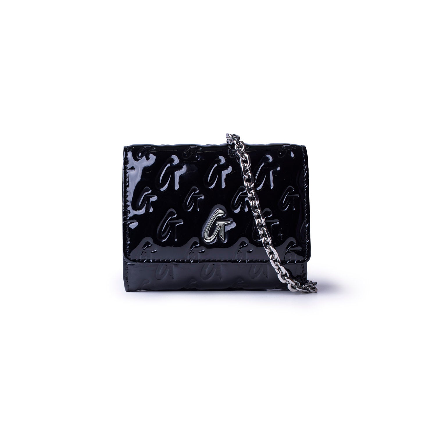 Compact black handbag with a glossy monogram design and silver chain strap, perfect for stylish outings.