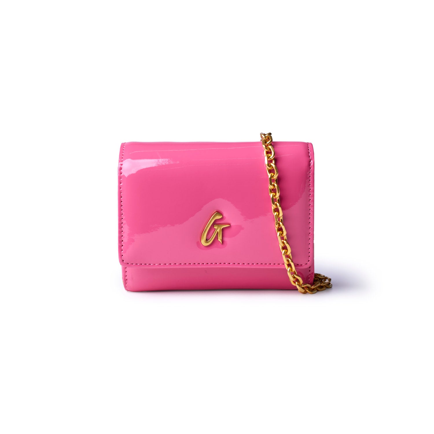 Hot pink compact wallet on a chain with a glossy finish and gold logo detail, perfect for stylish outings.