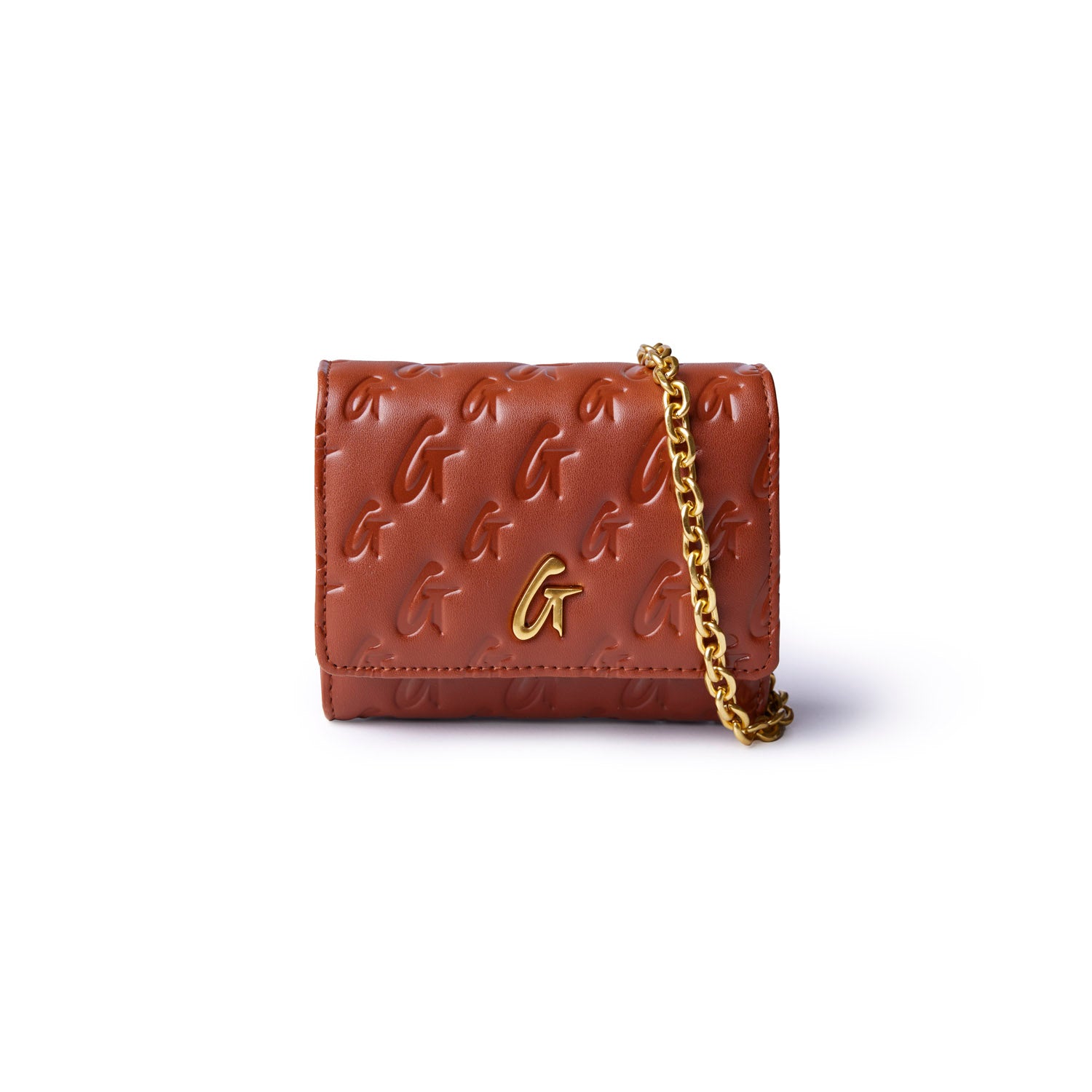 Brown monogram compact wallet on chain featuring embossed logo and gold hardware, perfect for stylish organization.