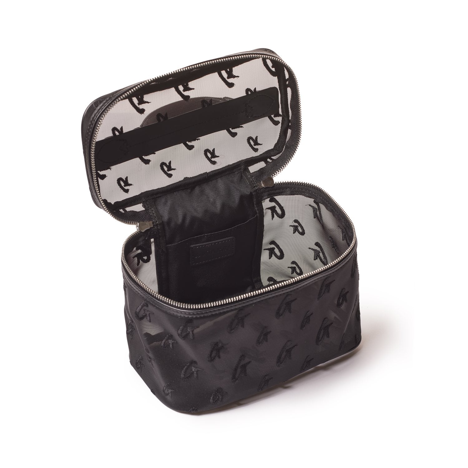 Black large mesh monogram toiletry bag with interior compartments and a zip closure, ideal for travel organization.