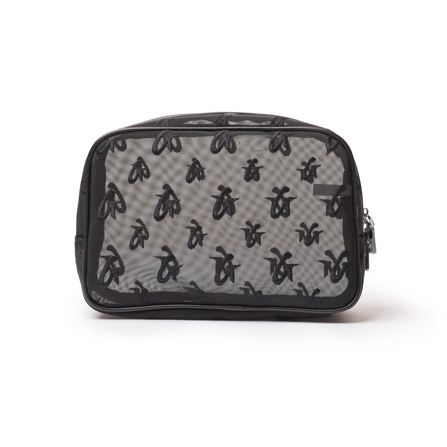 Small black mesh monogram toiletry bag with embroidered logo pattern, zipper closure, and compact design for travel essentials.