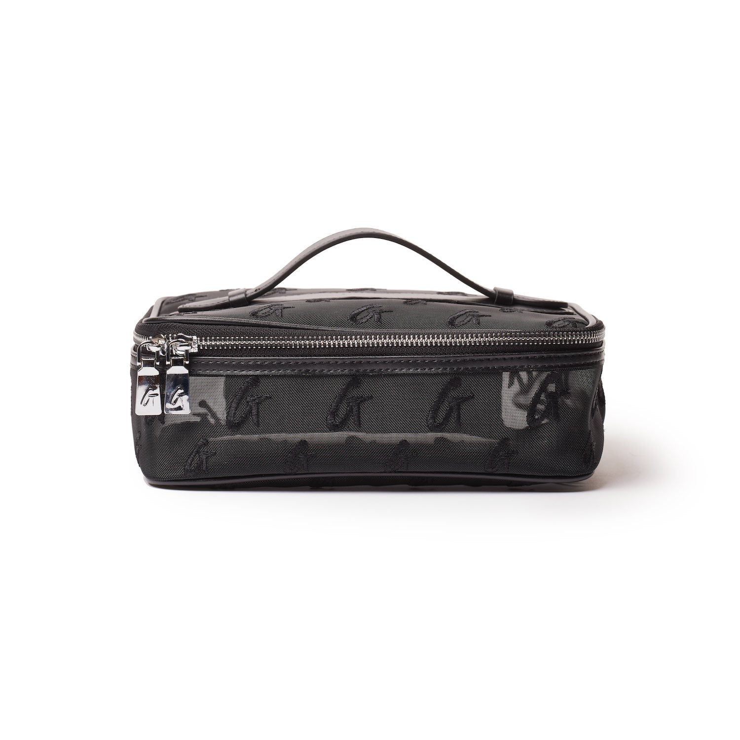 Black medium mesh monogram toiletry bag with a top handle, zipper closure, and embroidered logo pattern.