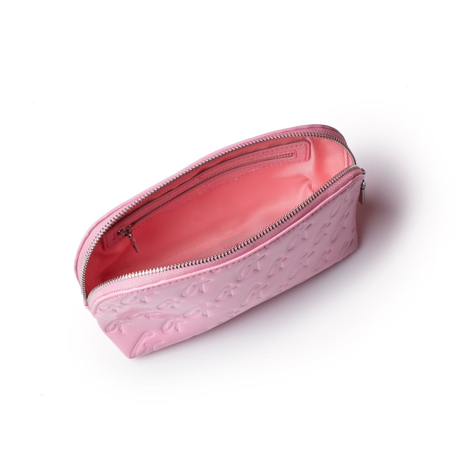 Pink monogram cosmetic pouch with a mirror, featuring embossed logo design and a zipper closure.