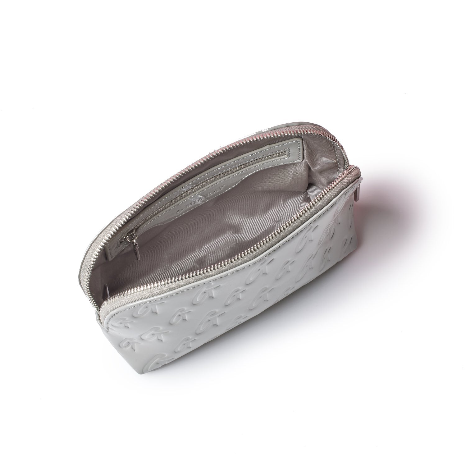 Gray monogram cosmetic pouch with a zipper closure and interior pocket, featuring a sleek, reflective mirror finish.