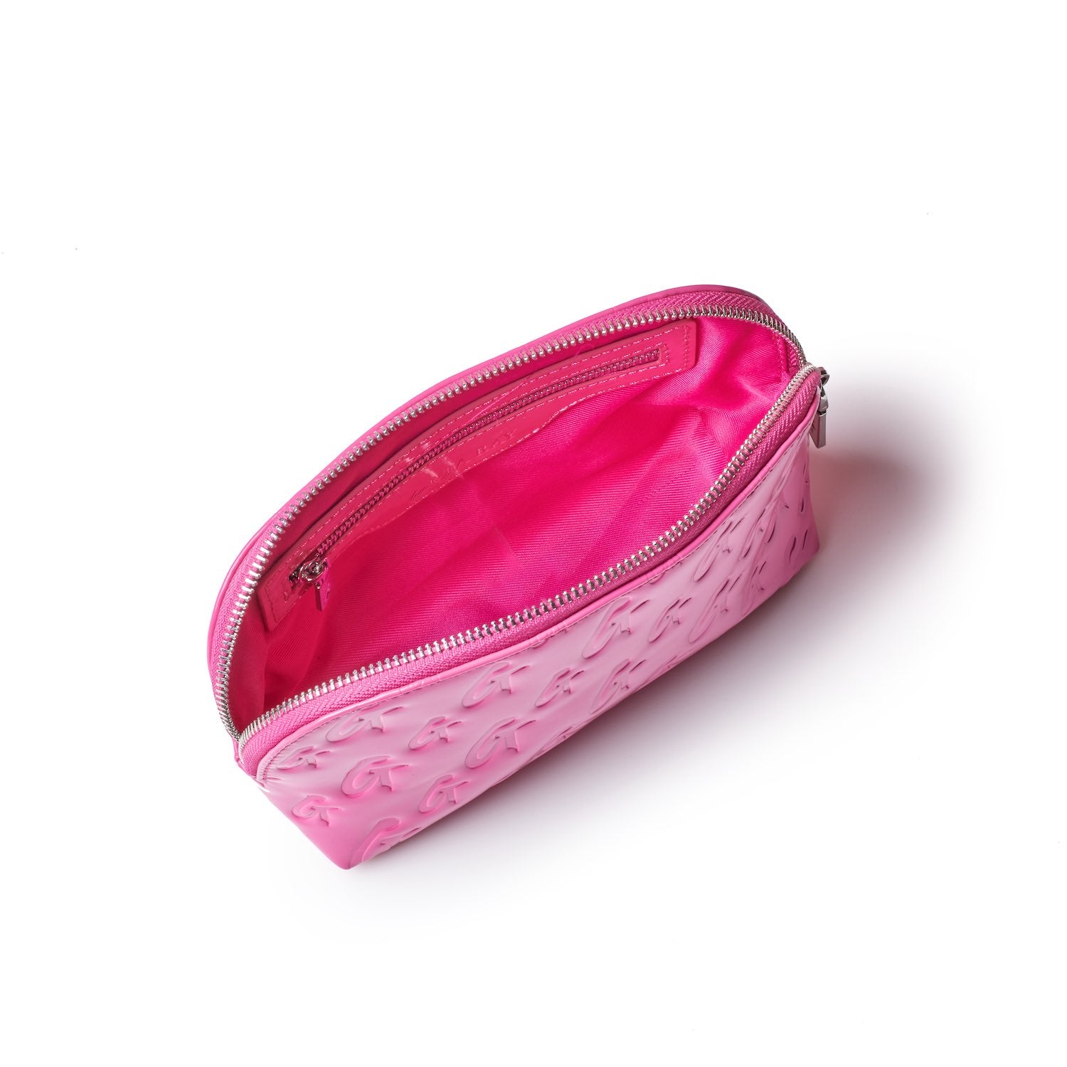 Pink monogram cosmetic pouch with a mirror, featuring embossed logo design and a zippered opening.