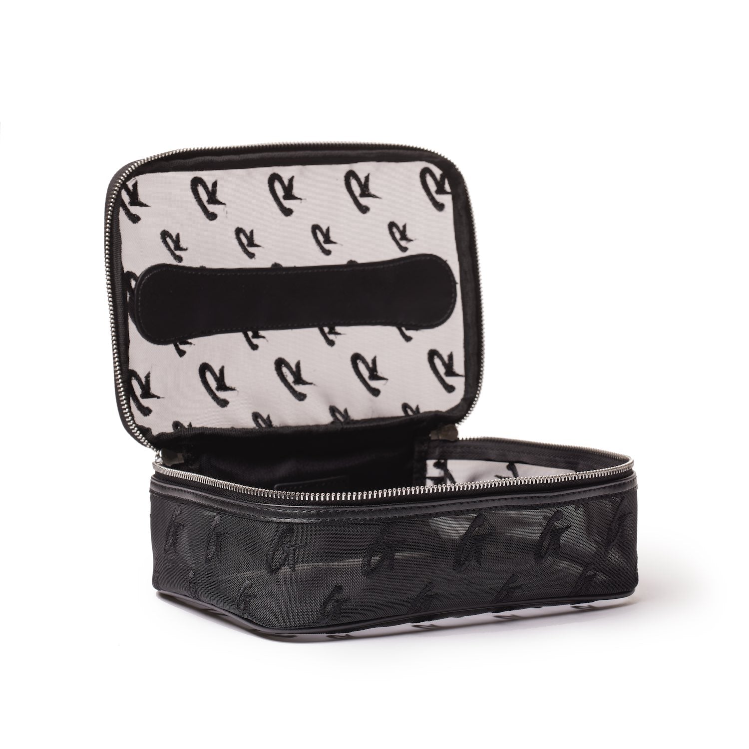 Medium black mesh monogram toiletry bag with a zippered closure, featuring a patterned interior and multiple compartments.