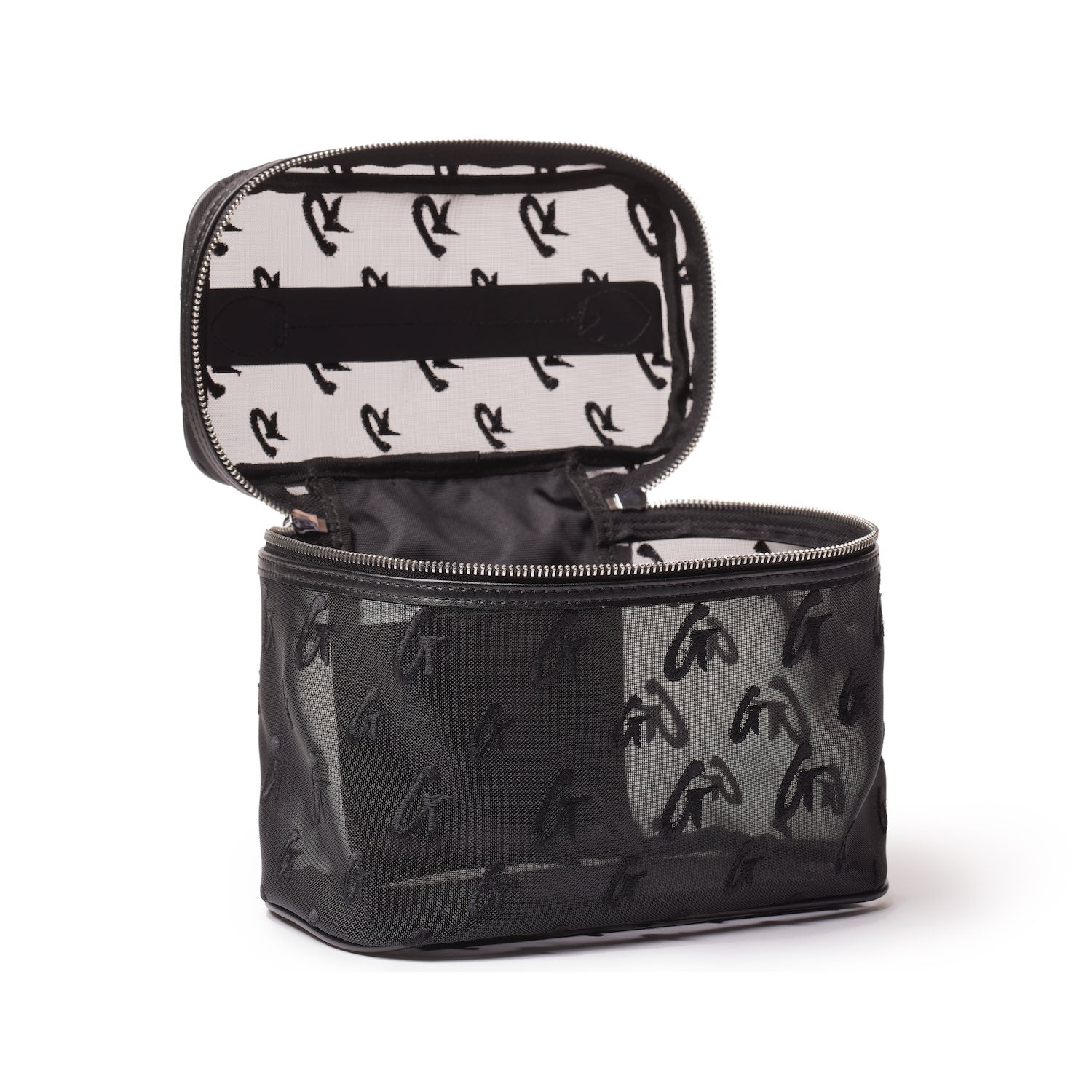 Large black mesh monogram toiletry bag with a zip closure, interior mesh pocket, and monogram pattern.