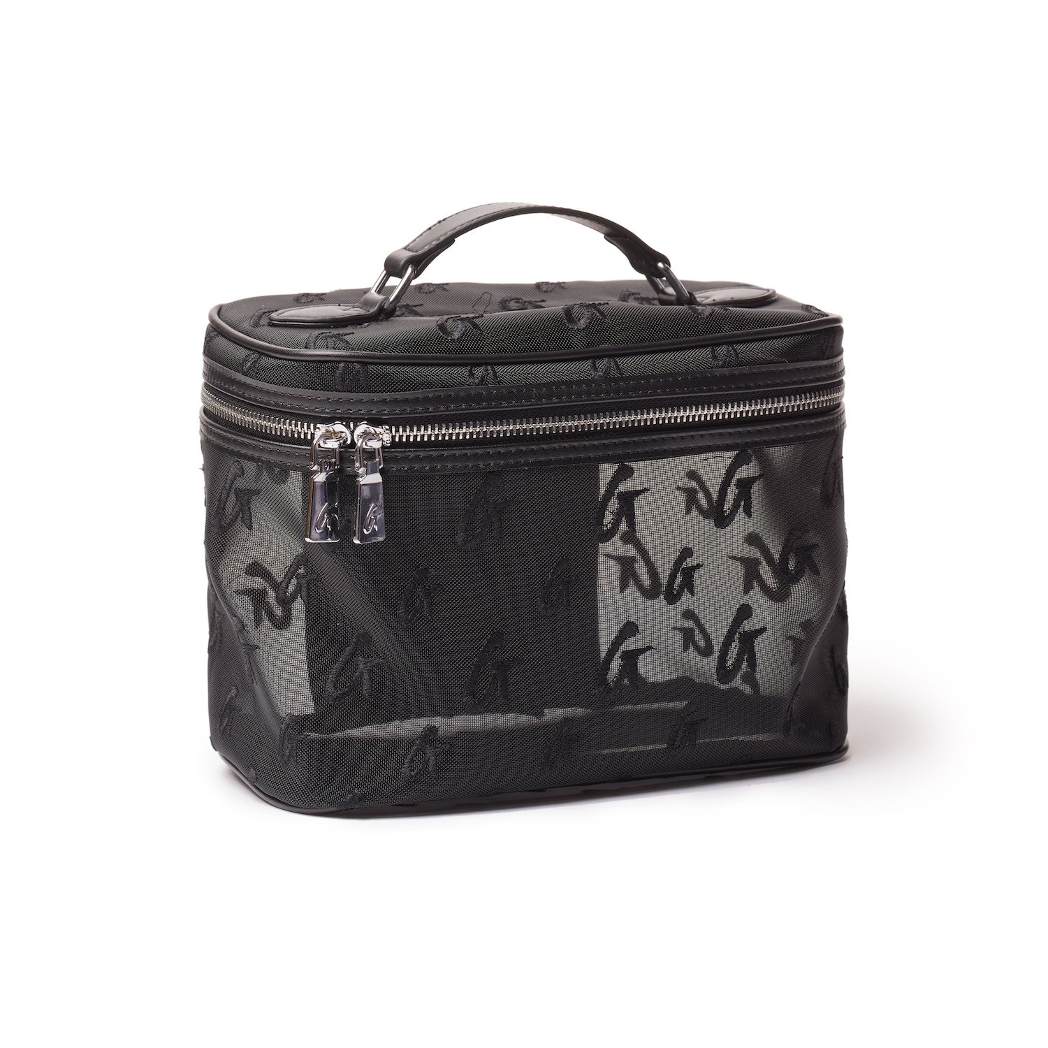 Black large mesh monogram toiletry bag with a top handle and double zipper closure, featuring a repeating monogram pattern.