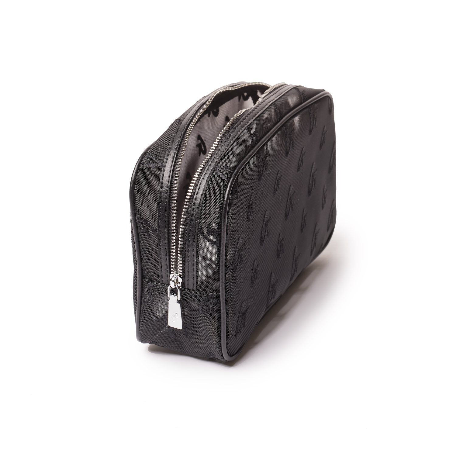 Small black mesh monogram toiletry bag with dual zippers, featuring a subtle logo pattern and a sleek, compact design.