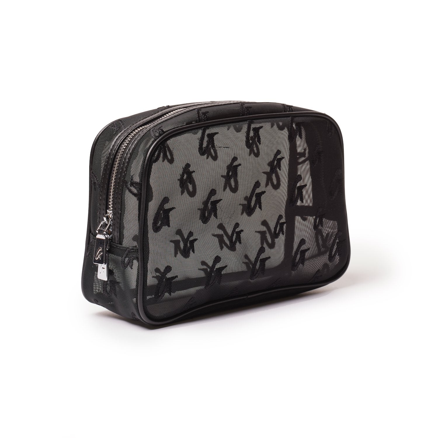 Black mesh monogram toiletry bag with a zip closure, featuring a repeating logo pattern and transparent design.