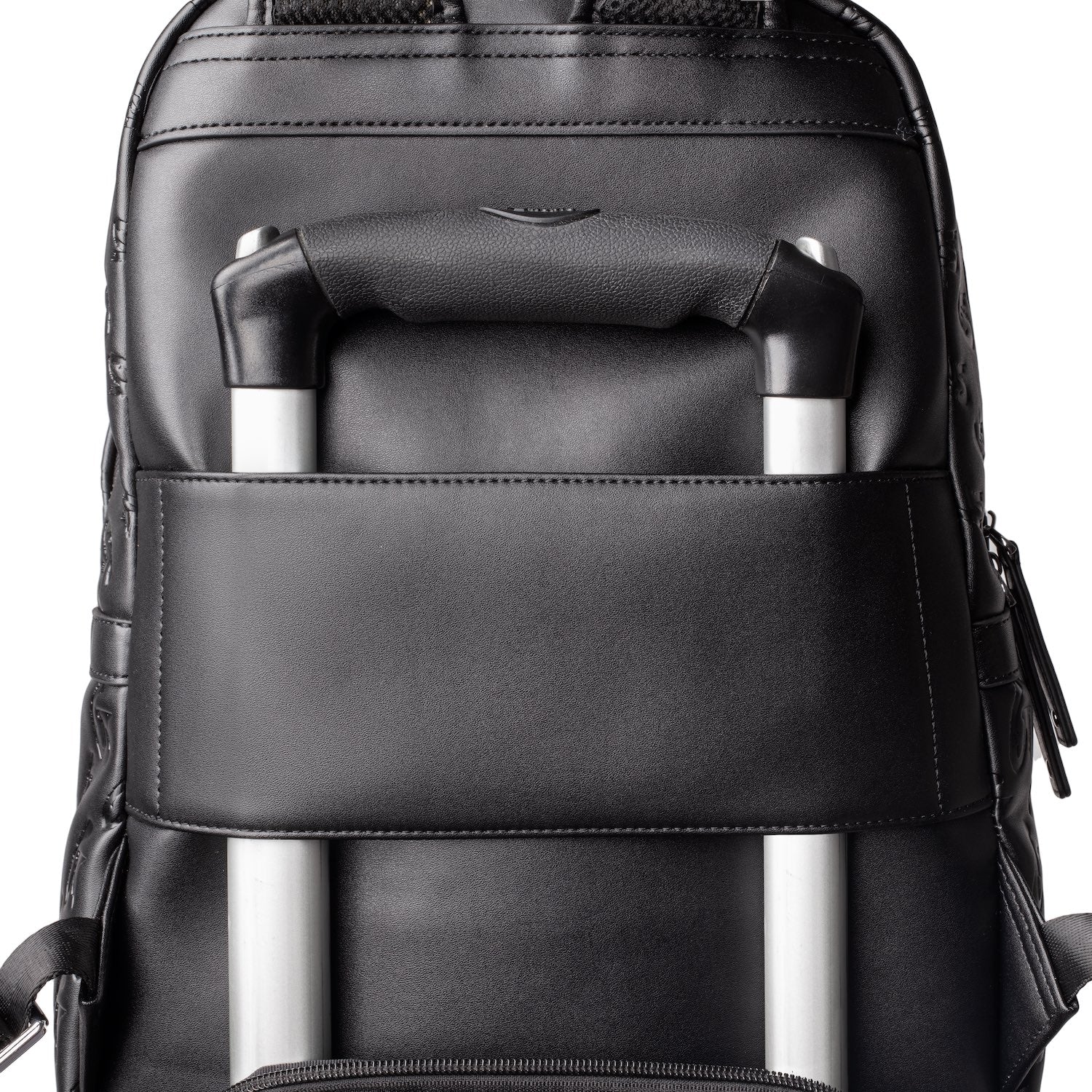 Close-up of a black Monogram unisex backpack with a handle, front pocket, and silver accents, made of sleek, durable material.
