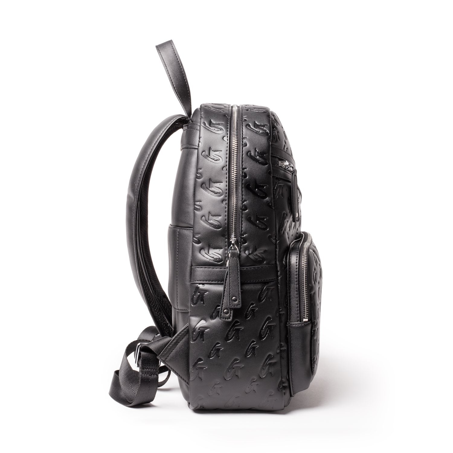 Unisex black backpack with embossed monogram pattern, multiple zippered compartments, and adjustable straps.