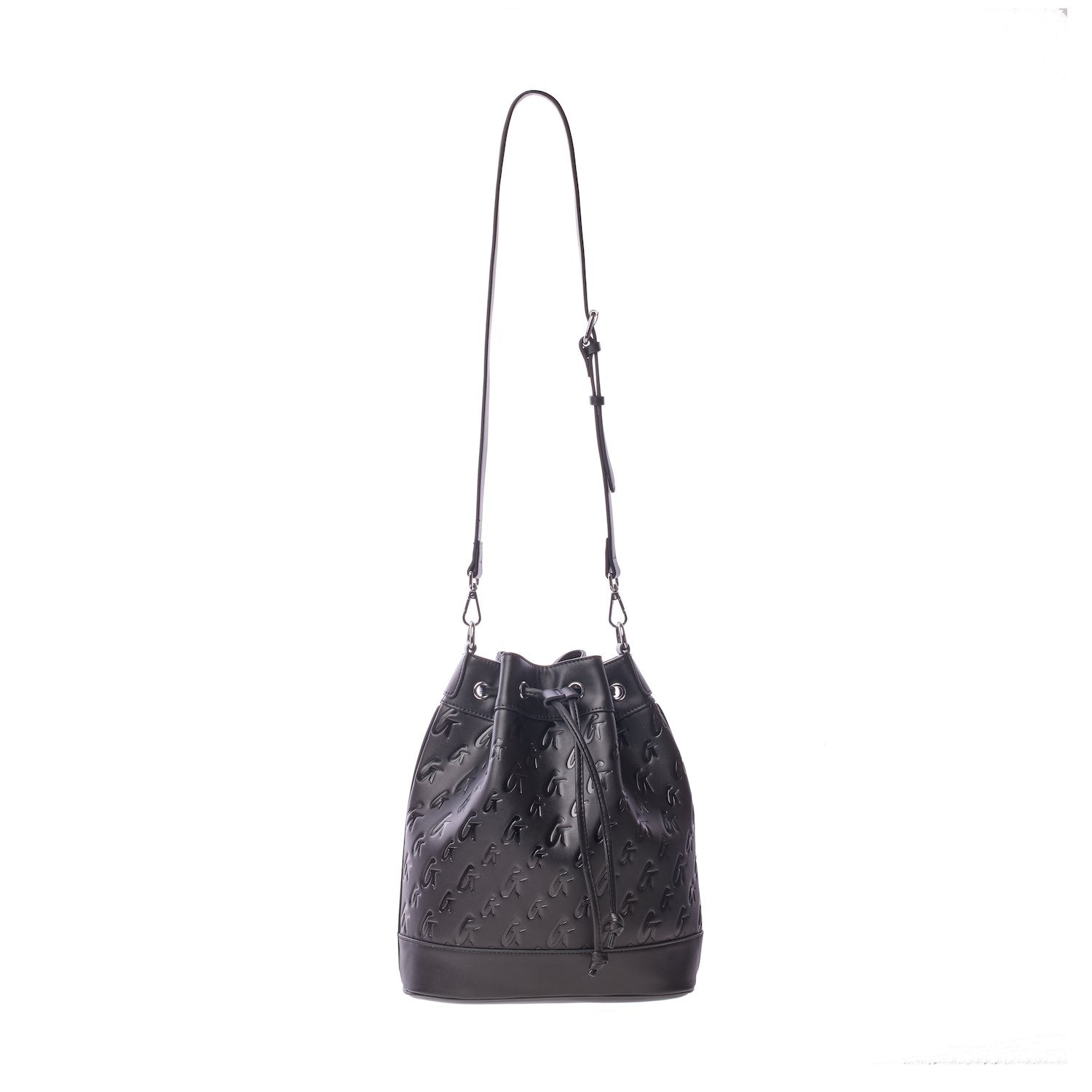 Large black monogram bucket bag with a drawstring closure and adjustable shoulder strap.