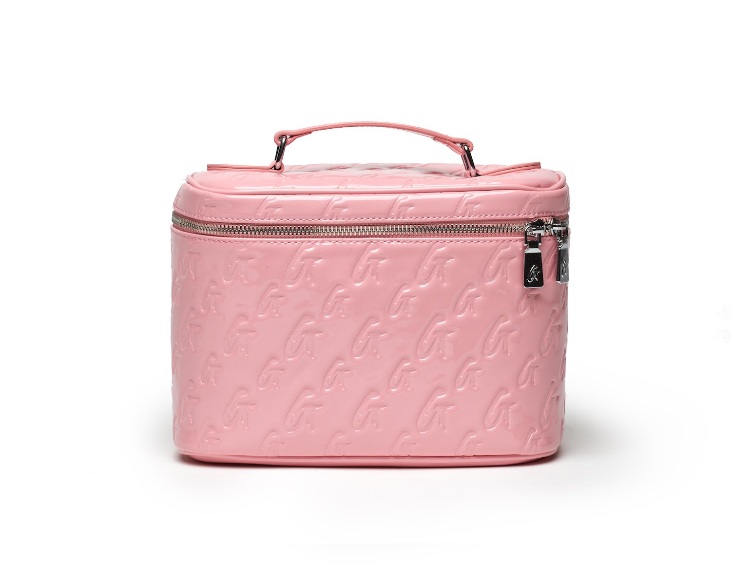 Large pink monogram toiletry bag with a handle, embossed pattern, and silver zipper closure.