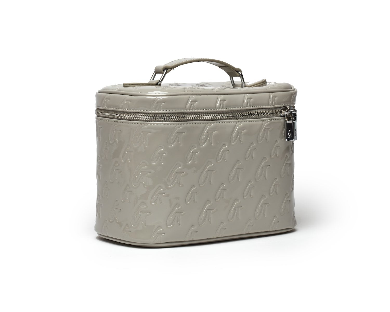 Large mirror gray monogram toiletry bag with embossed pattern, zipper closure, and top handle.
