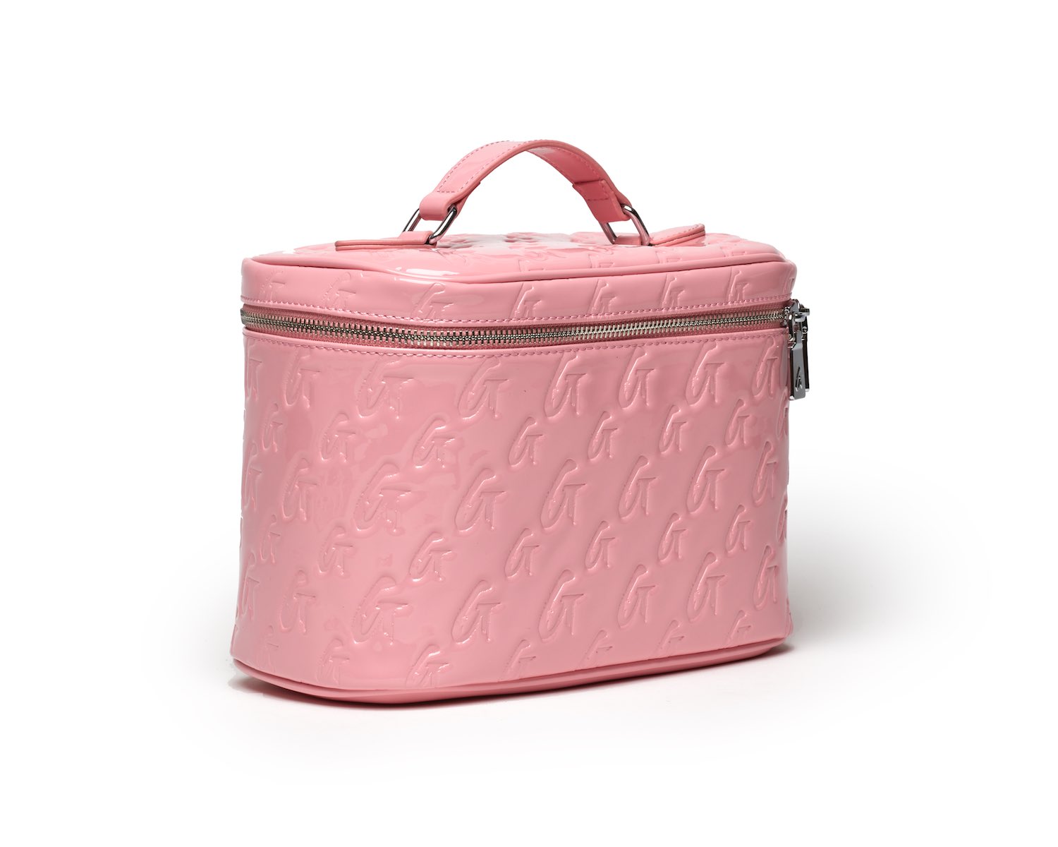 Large pink monogram toiletry bag with embossed logo pattern, silver zipper, and top handle.