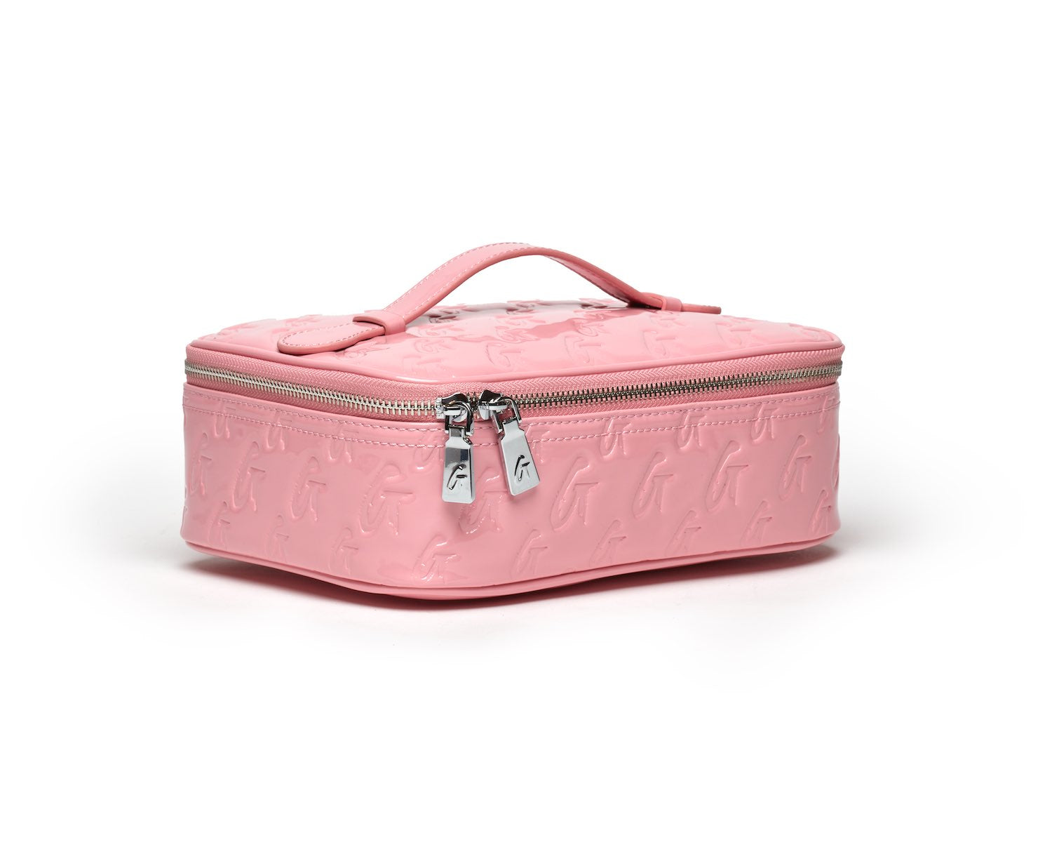 Medium pink toiletry bag with monogram embossing, silver zippers, and a top handle, designed for travel organization.