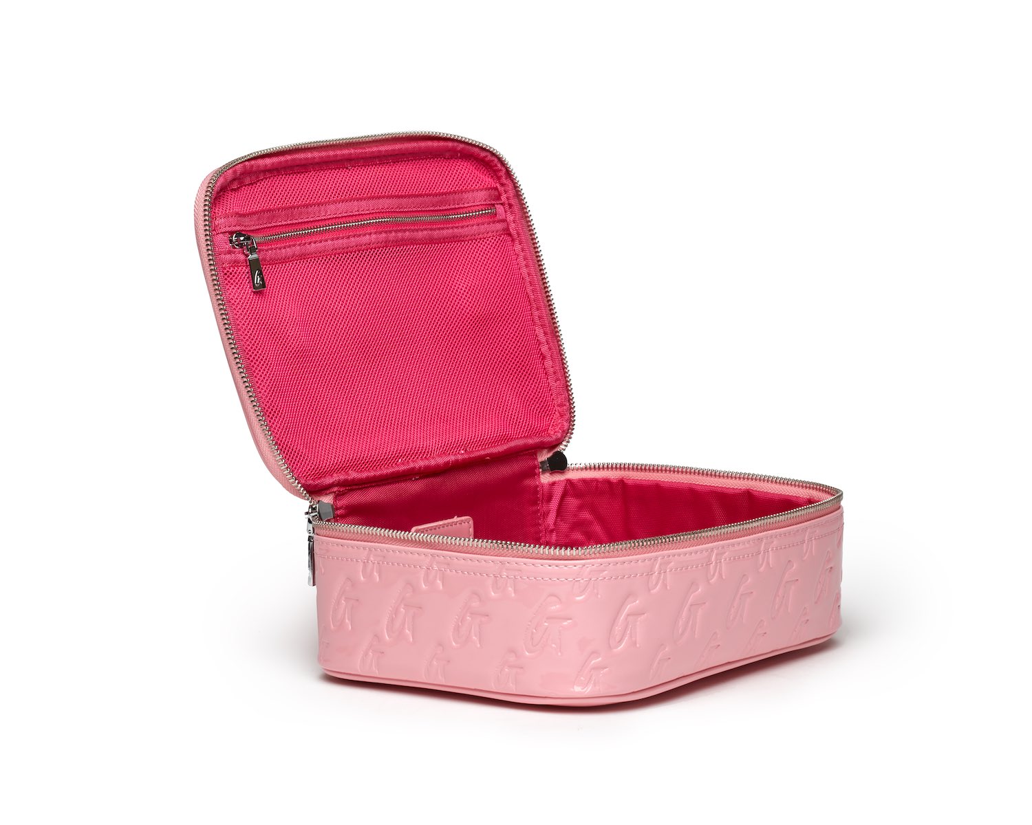 Medium pink monogram toiletry bag with a zipper closure, interior mesh pocket, and embossed G pattern design.