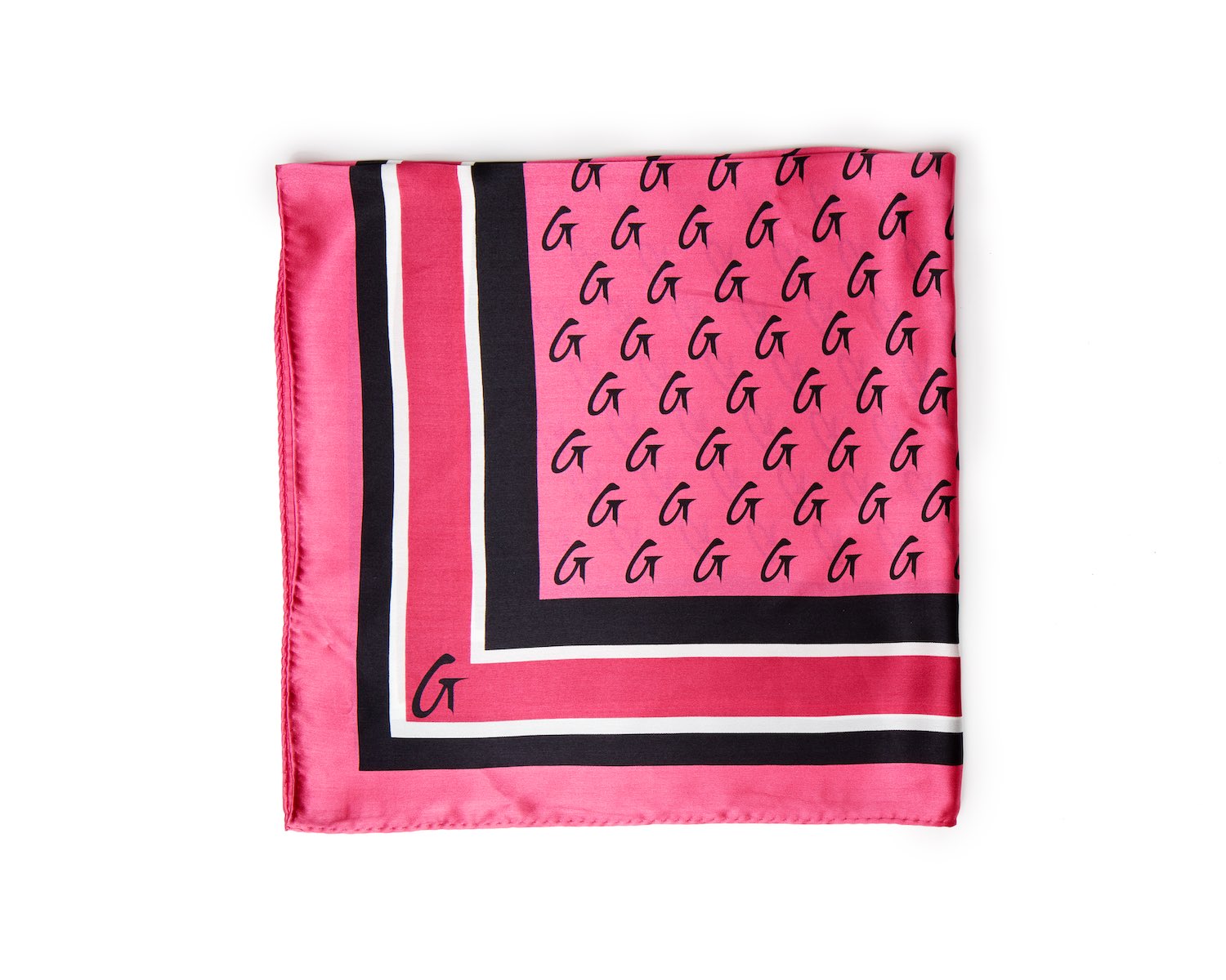 Medium hot pink silk scarf with black monogram G pattern, bordered by black, white, and pink stripes.