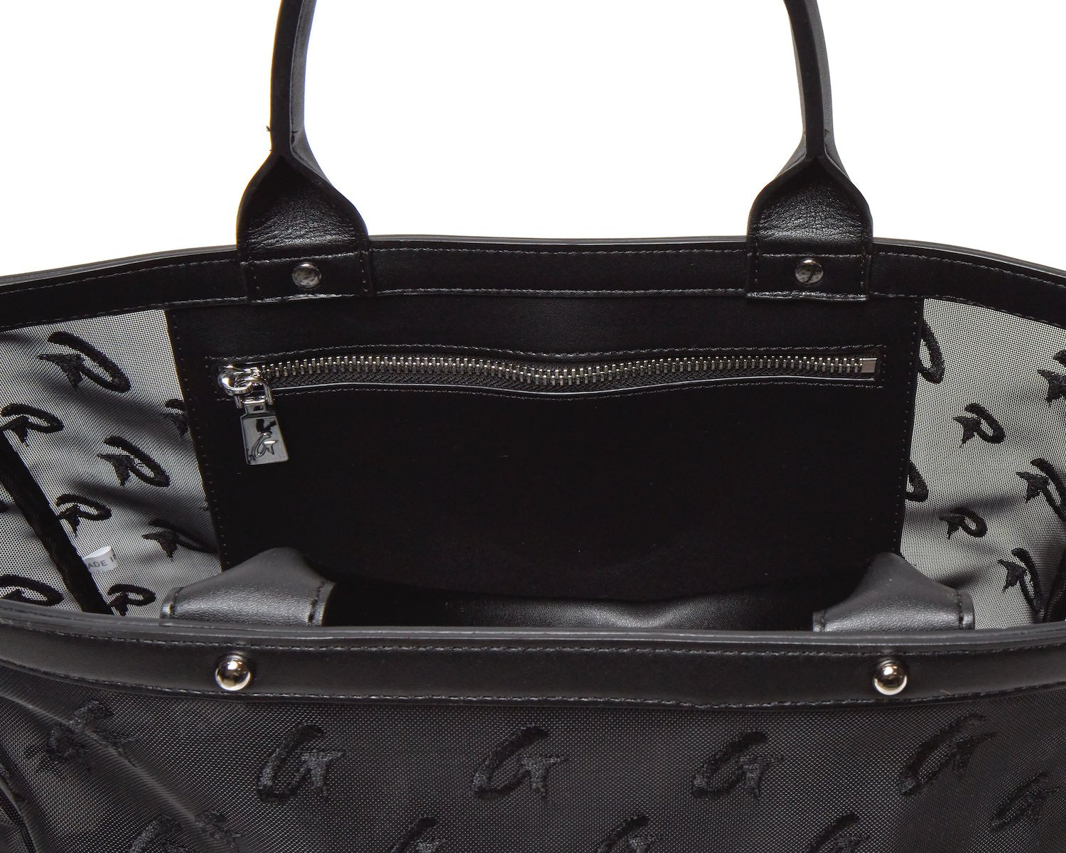 Black mesh monogram tote bag with interior zip pocket, black handles, and patterned lining.